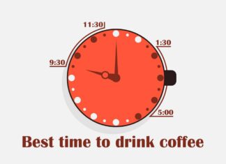 Best time to drink coffee. Cup of coffee with a clock, top view.