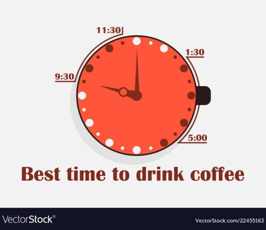 Best time to drink coffee. Cup of coffee with a clock, top view.