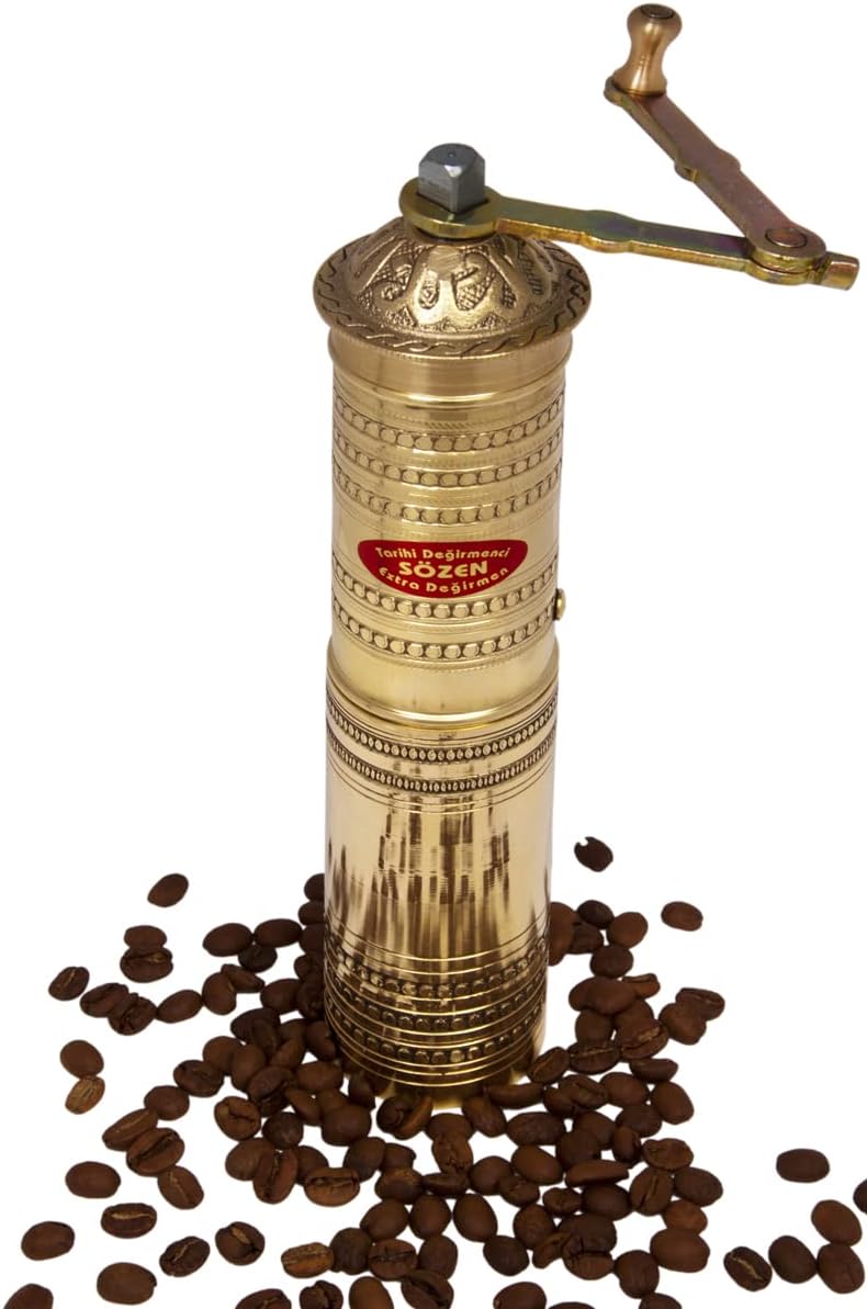 9 Handmade Hand Crafted Hammered Manual Brass Coffee Mill Grinder Sozen, Portable Steel Conical Burr Coffee Mill, Portable Hand Crank Coffee Grinder, Turkish Coffee Grinder, Sozen Coffee Grinder