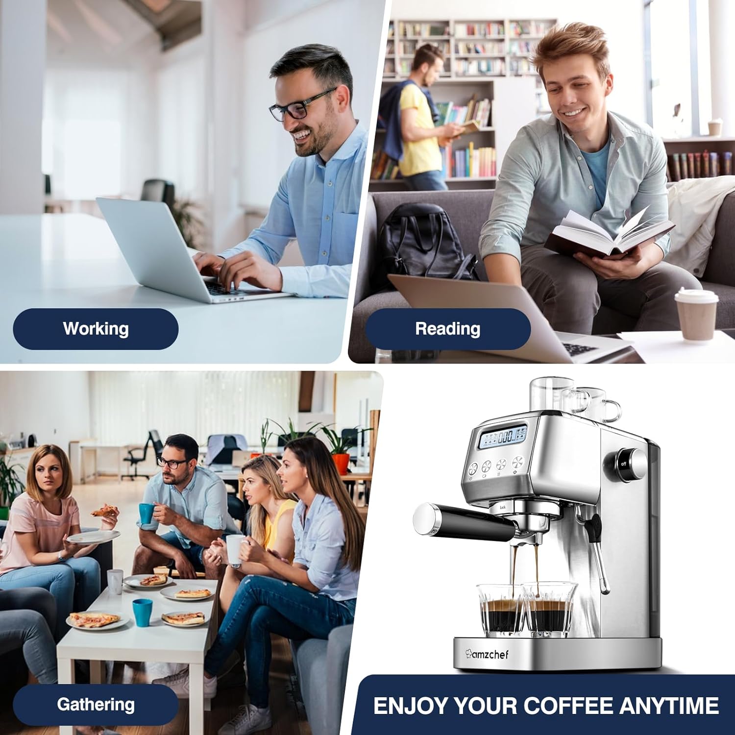 amzchef Espresso Machines 20 Bar, Espresso Maker for home with LCD Panel, Compact Coffee Machine with Milk Frother Latte Macchiato, Cappuccino