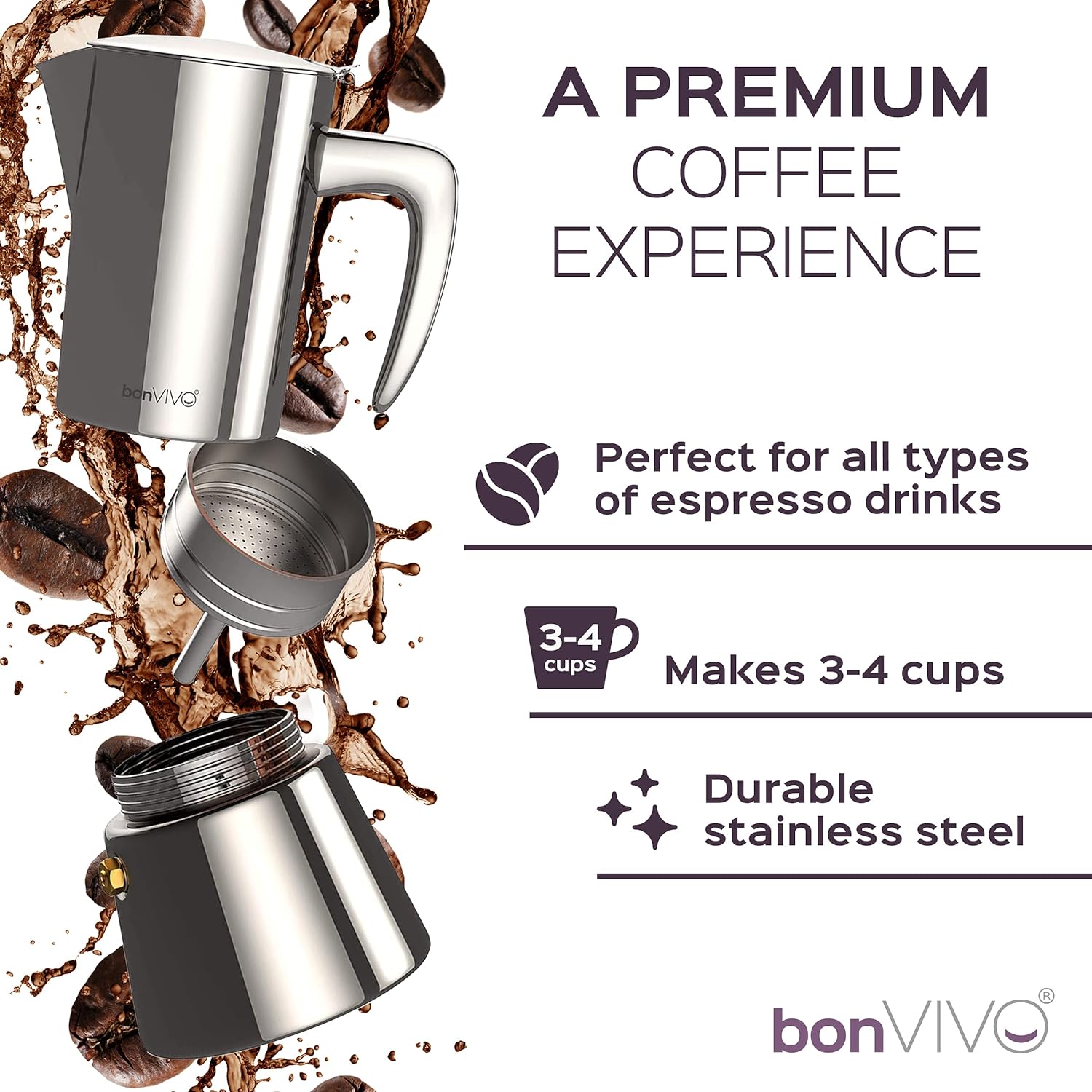 bonVIVO Intenca Stovetop Espresso Maker - Luxurious, Stainless Steel Italian Coffee Maker for Camping or Home Use - Makes 6 Cups of Full-Bodied Coffee - Copper, 10oz