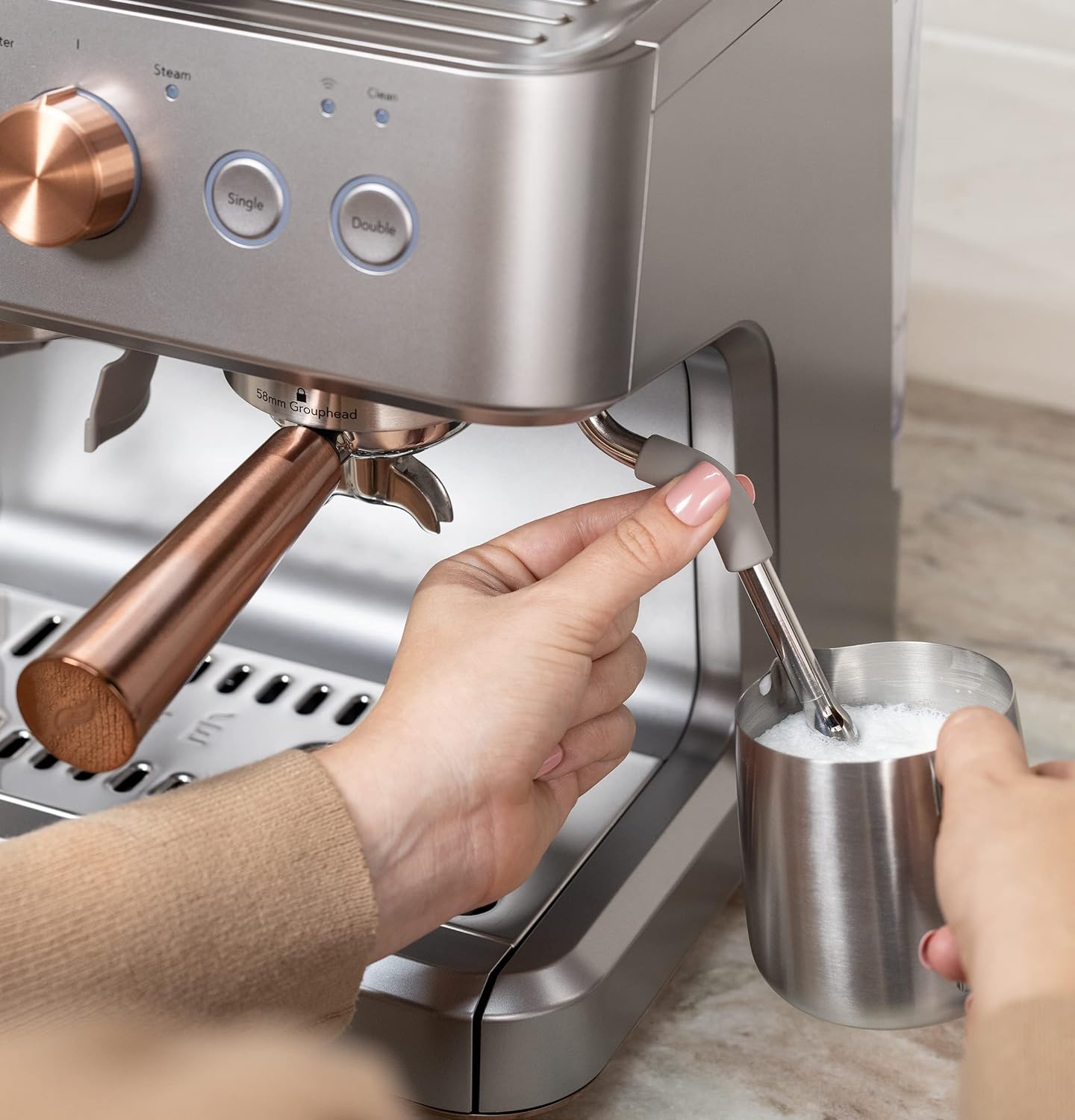 Café Bellissimo Semi Automatic Espresso Machine + Milk Frother | WiFi Connected, Smart Home Kitchen Essentials | Built-In Bean Grinder, 15-Bar Pump  95-Ounce Water Reservoir | Matte White