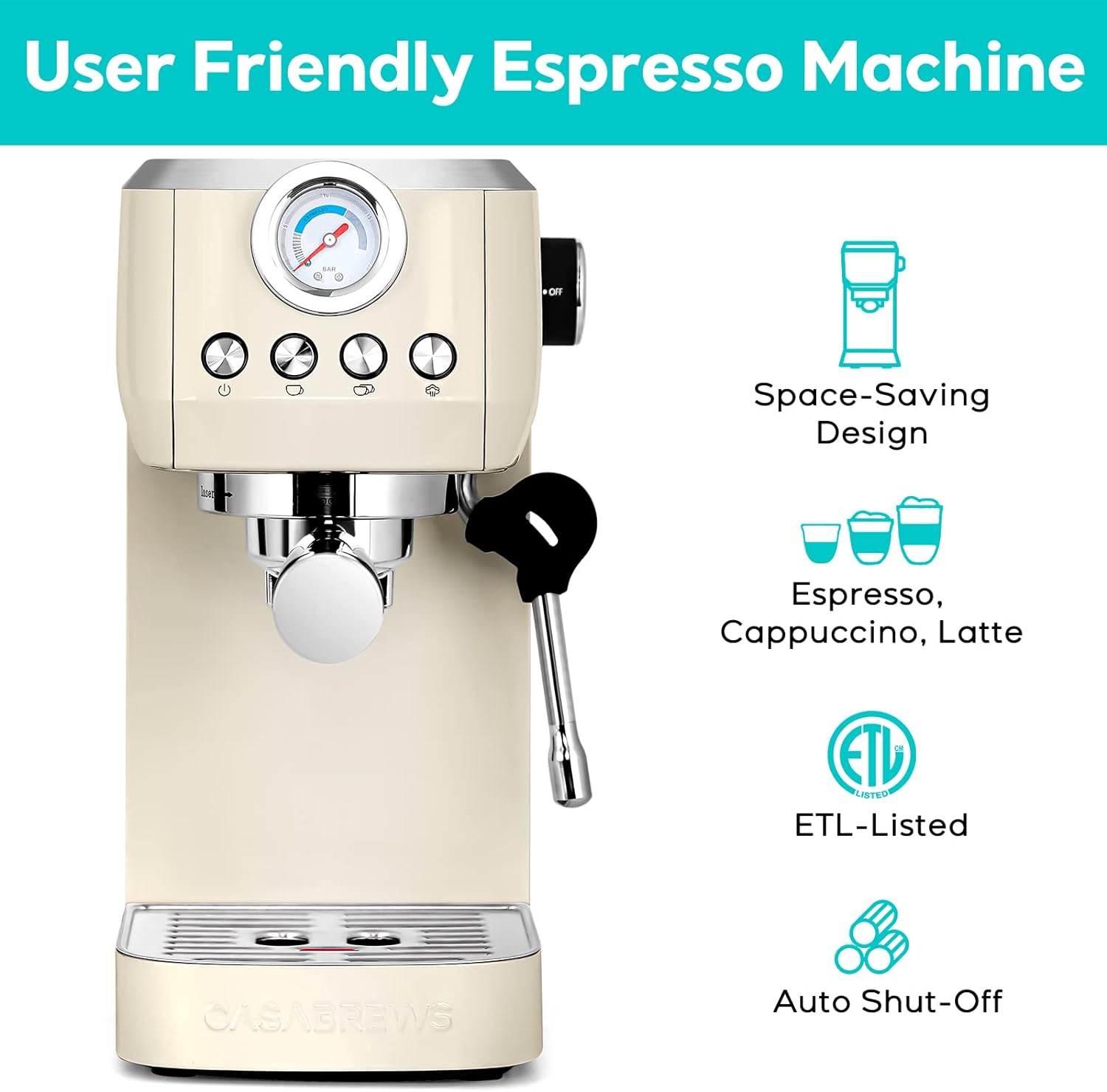 CASABREWS Espresso Machine 20 Bar, Compact Espresso Maker With Milk Frother Steam Wand, Stainless Steel Cappuccino Machine and Latte Machine With 43.9 oz Removable Water Tank for Home Barista, Creamy