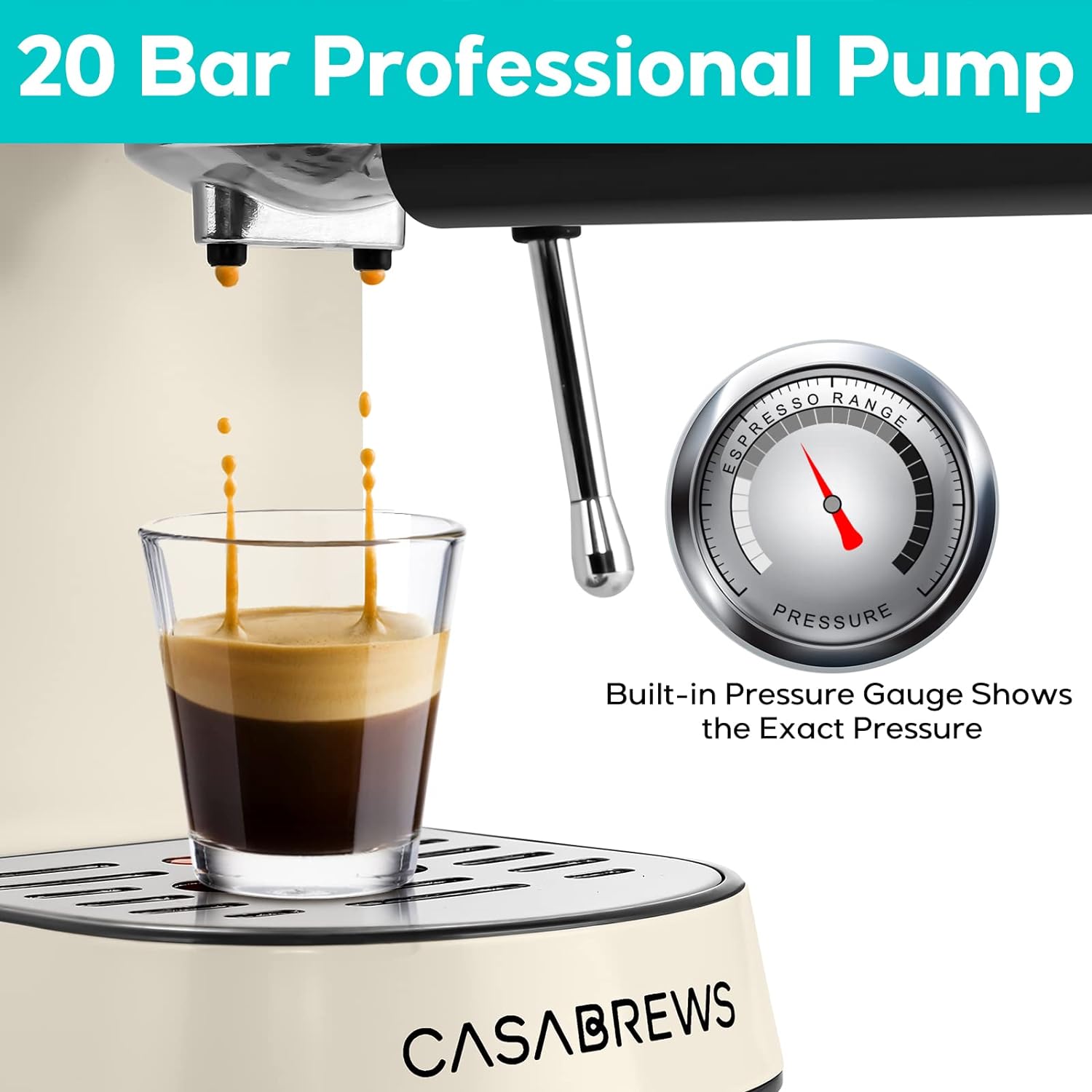 CASABREWS Espresso Machine 20 Bar, Professional Espresso Maker with Milk Frother Steam Wand, Compact Coffee Machine with 34oz Removable Water Tank for Cappuccino, Latte, Gift for Dad or Mom