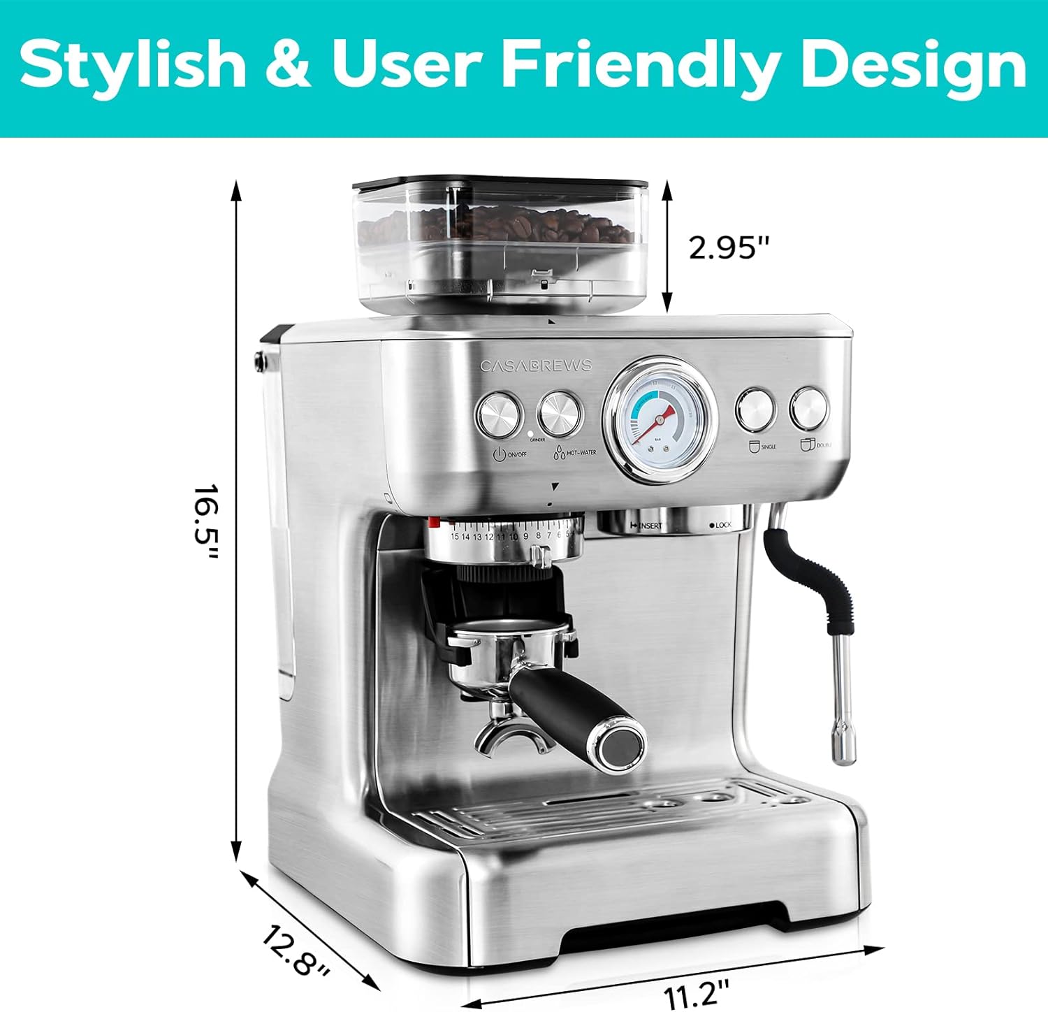 CASABREWS Espresso Machine With Grinder, Professional Espresso Maker With Milk Frother Steam Wand, Barista Latte Machine With Removable Water Tank for Cappuccinos or Macchiatos, Gift for Mom Dad