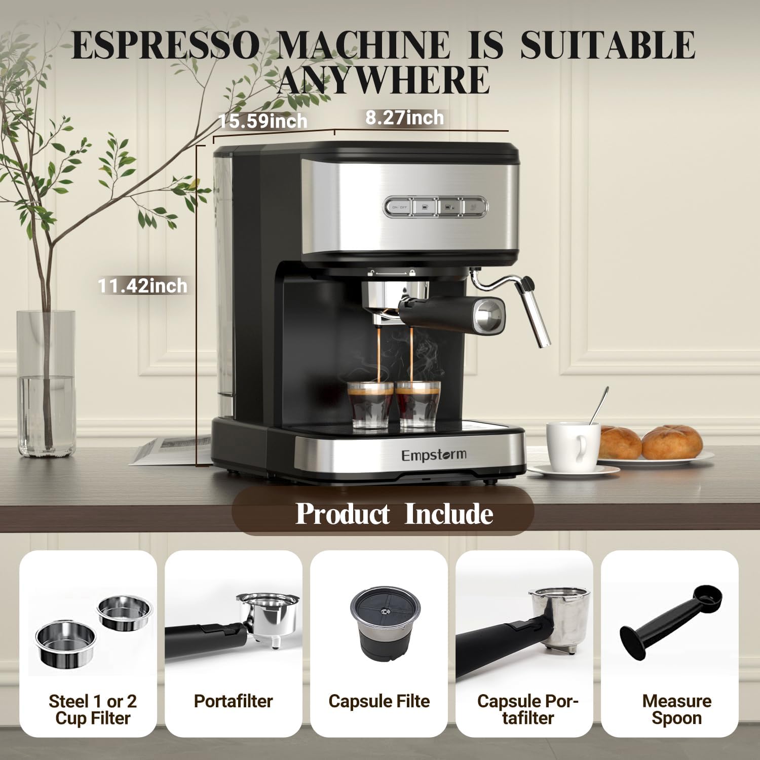 Empstorm Espresso Machine 20 Bar, 3 in 1 Espresso Maker with Milk Frother Steam Wand for Latte and Cappuccino, E.S.E Pod, Powder and Capsule Portafilter, 50oz Removable Water Tank for Home