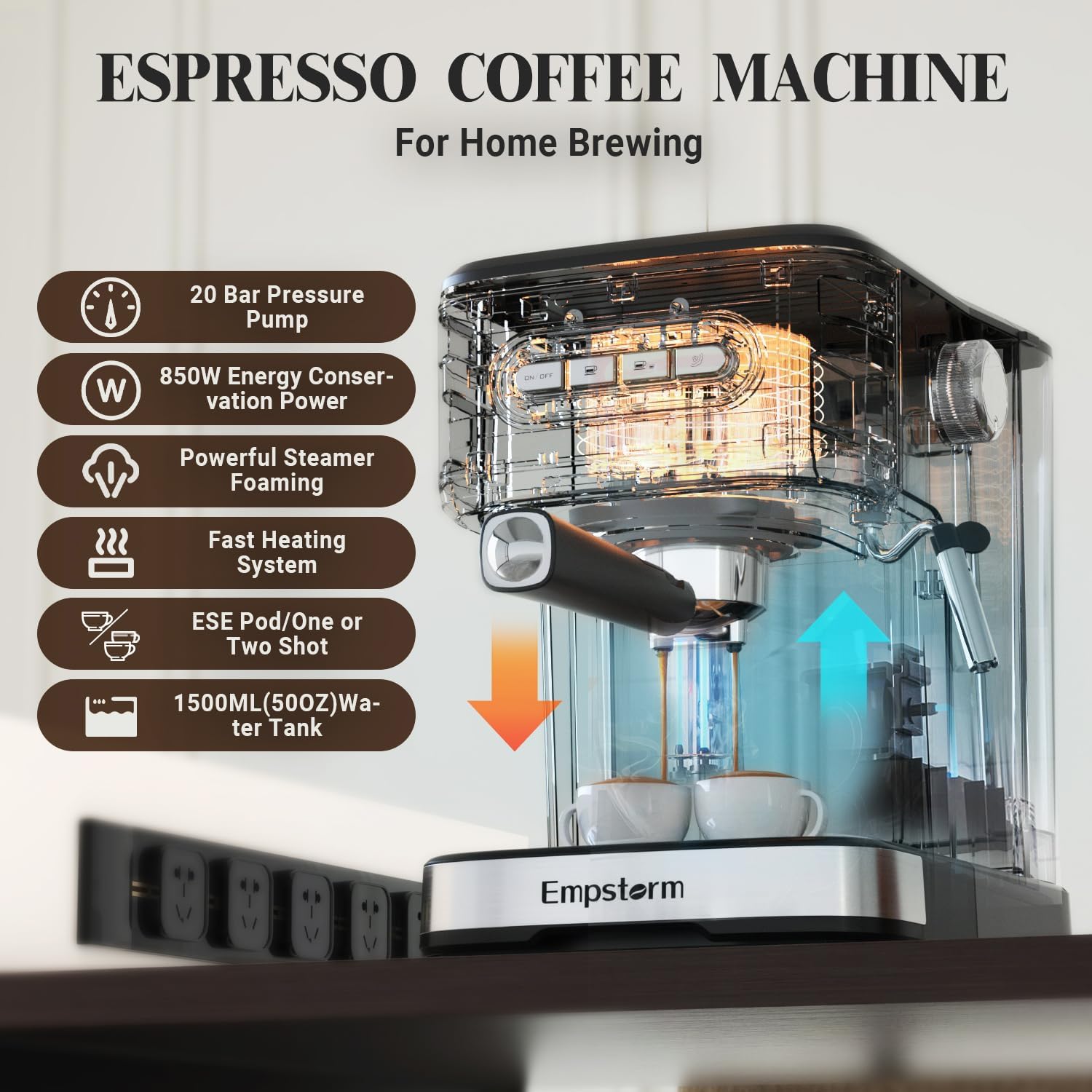 Empstorm Espresso Machine 20 Bar, 3 in 1 Espresso Maker with Milk Frother Steam Wand for Latte and Cappuccino, E.S.E Pod, Powder and Capsule Portafilter, 50oz Removable Water Tank for Home