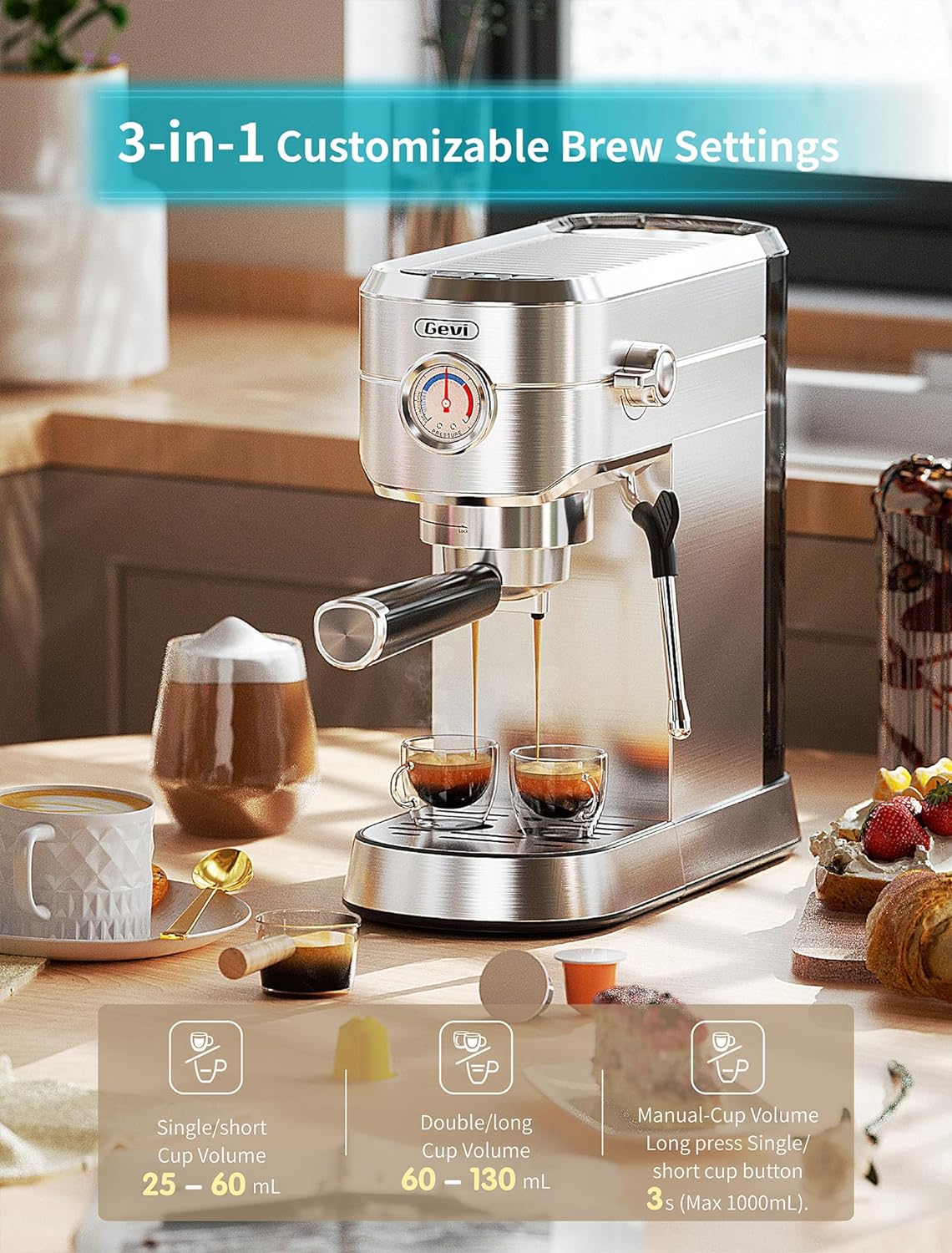 Gevi Espresso Machine 20 Bar, Professional Espresso Maker with Milk Frother Steam Wand, Compact Semi-Automatic Espresso Machines for Cappuccino, Latte, Commercial Espresso Machines  Coffee Makers