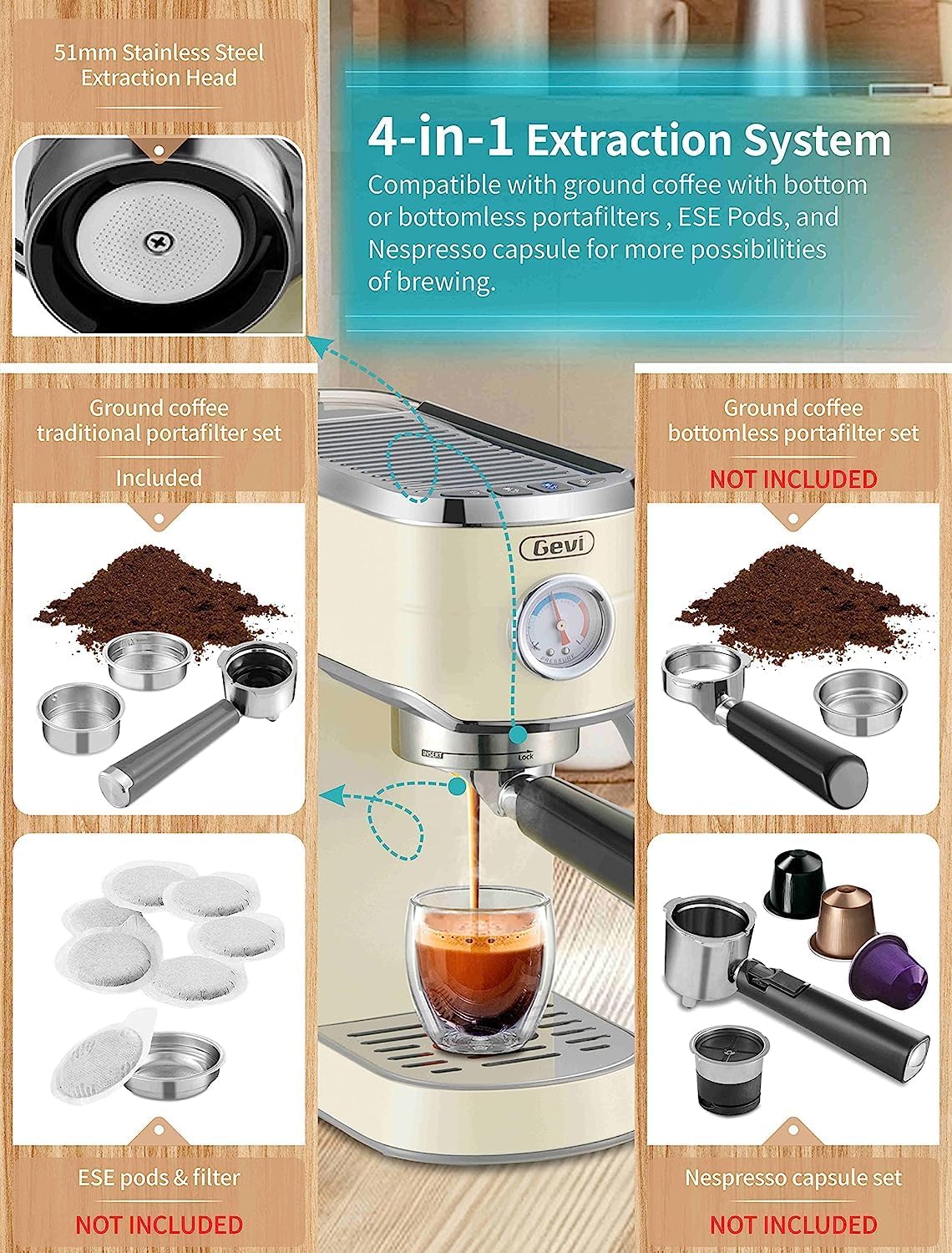 Gevi Espresso Machine 20 Bar, Professional Espresso Maker with Milk Frother Steam Wand, Compact Semi-Automatic Espresso Machines for Cappuccino, Latte, Commercial Espresso Machines  Coffee Makers