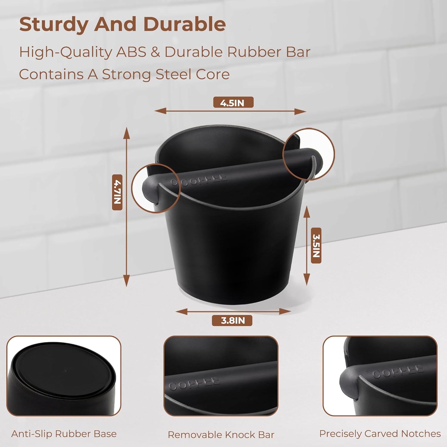 Knock Box Espresso Machine Accessories, 4.5 Inch Barista Style Coffee Knock Box for Grounds with Removable Shock-Absorbent Knock Bar and Anti-Slip Base, Durable Espresso Dump Bin for Home/Office