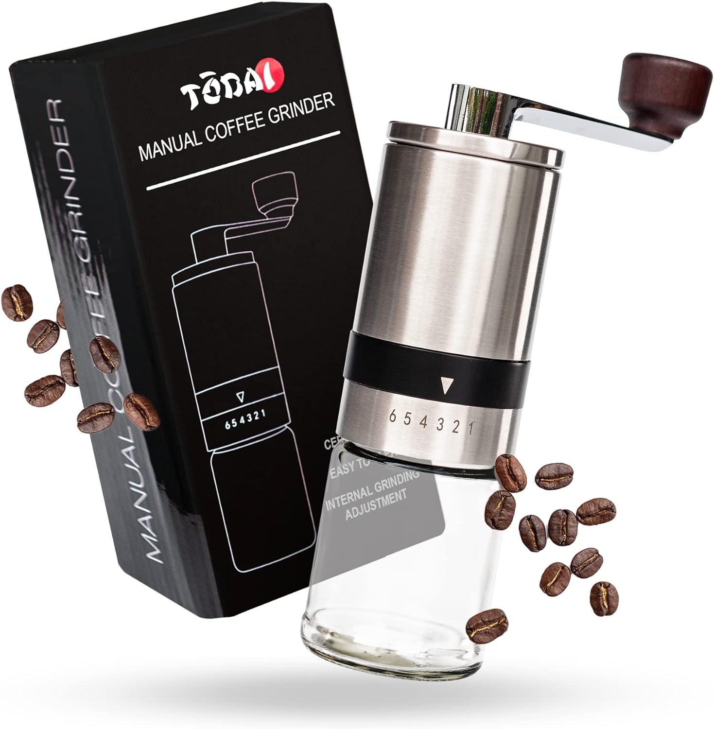 Manual Coffee Grinder, Conical Ceramic Burr Coffee Grinder for Slow, Enhanced Coffee Grinding, Portable Coffee Bean Grinder, Stainless Steel Hand Grinder with Transparent Jar - Tōdai