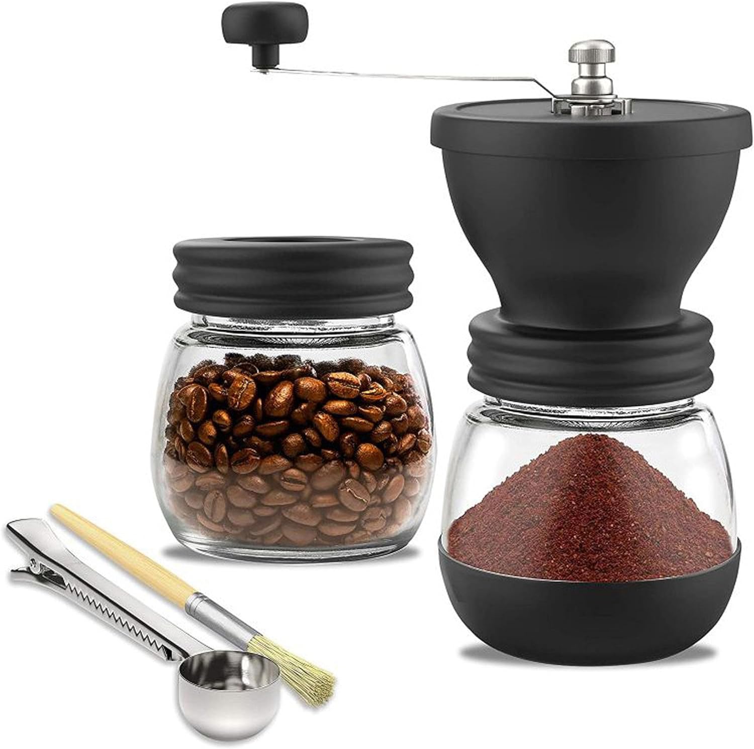 Manual Coffee Grinder Set with Conical Ceramic Burrs, Small Manual Coffee Grinder, Coarse and Fine Adjustable Manual Coffee Bean Grinder with Two Glass Jars, Brush and Spoon Spoon