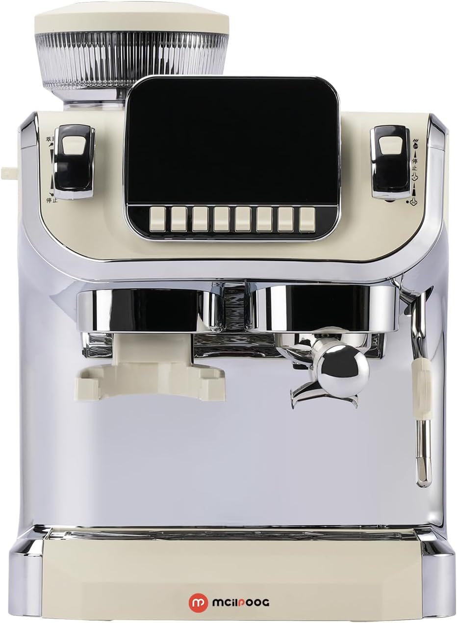 Mcilpoog Espresso Machine with Milk Frother, 15 Bar Semi-Automatic Coffee Maker with Grinder and 6in Screen