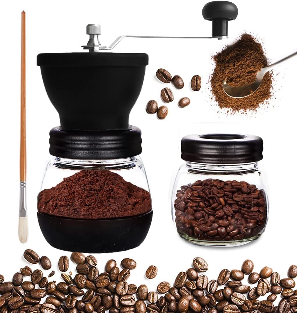 Mixpresso Manual Coffee Grinder Set, Hand Coffee Mill With Conical Ceramic Burr Two Glass Jars And Soft Brush, Manual Coffee Bean Grinder  Spice Grinder