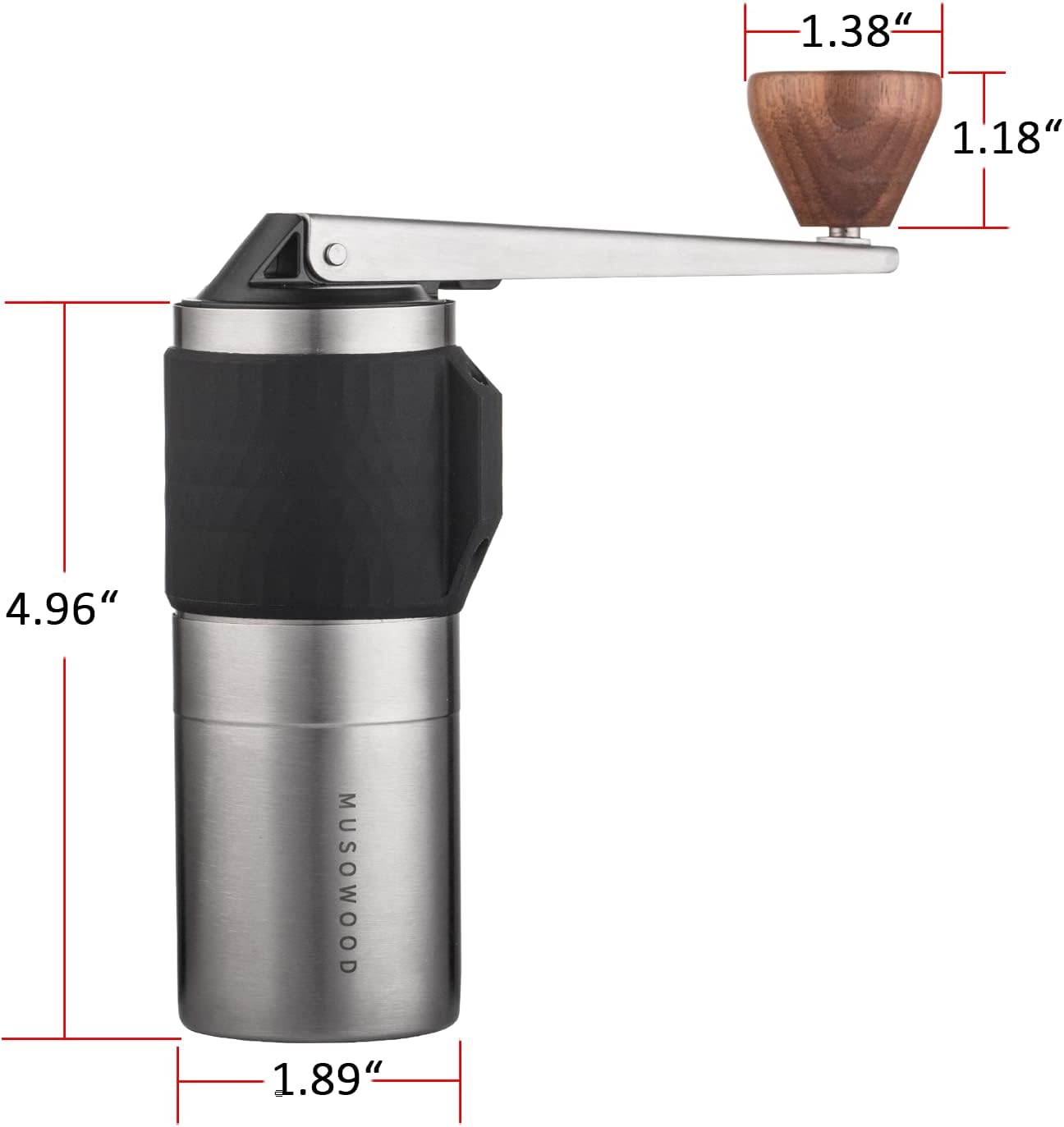 Muso Wood Manual Coffee Grinder Capacity 25g with CNC Adjustable Coarse and Fine Knob, Stainless Steel Conical Burr, Portable Coffee Grinder with Folding Handle.
