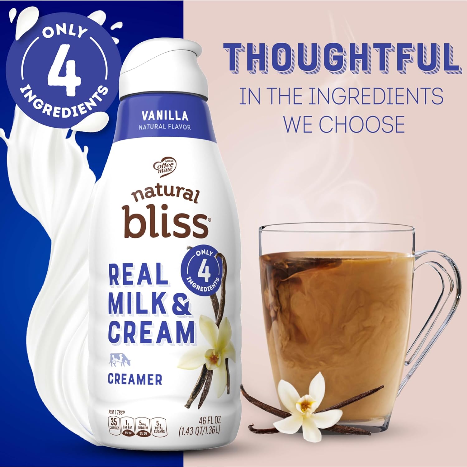 Nestle Natural Bliss Vanilla Flavored Liquid Coffee Creamer, Real Milk Cream Coffee Creamer for a Rich, Tasty Coffee Flavor, Real Dairy Creamer Liquid About 63 Servings (1 tbsp per serving) (32 fl oz)