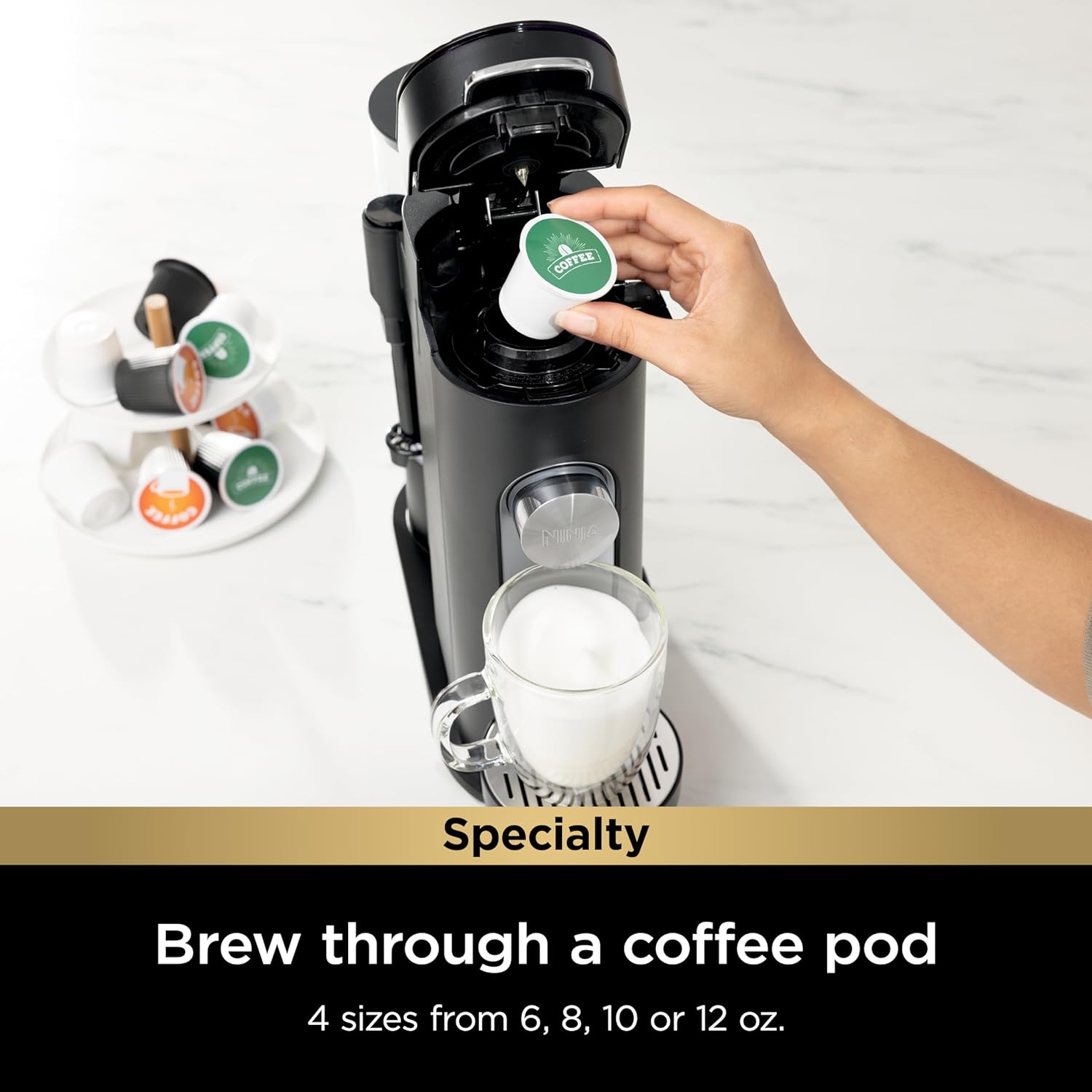 Ninja PB041ST Pods  Grounds Single-Serve Coffee Maker, K-Cup Pod Compatible, 56-oz. Reservoir, 6-oz. Cup to 24-oz. Travel Mug Brew Sizes, Iced Coffee Maker, Stone
