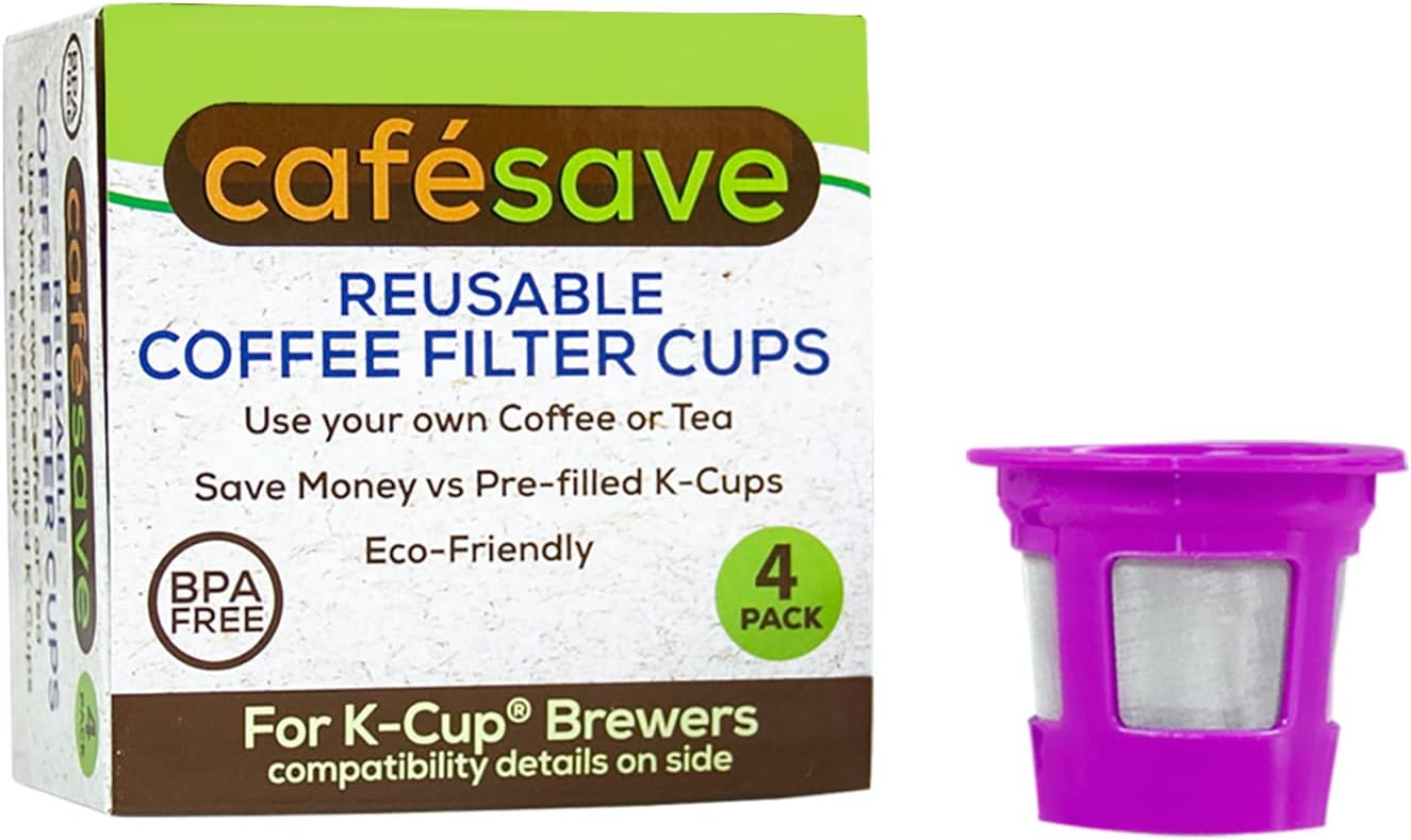 Perfect Pod Cafe Save Reusable K Cup Pod Coffee Filters - Refillable Coffee Pod Capsules with Built-In, Integrated Mesh Strainer for Use with Keurig  Select Single Cup Coffee Machines, 4-Pack