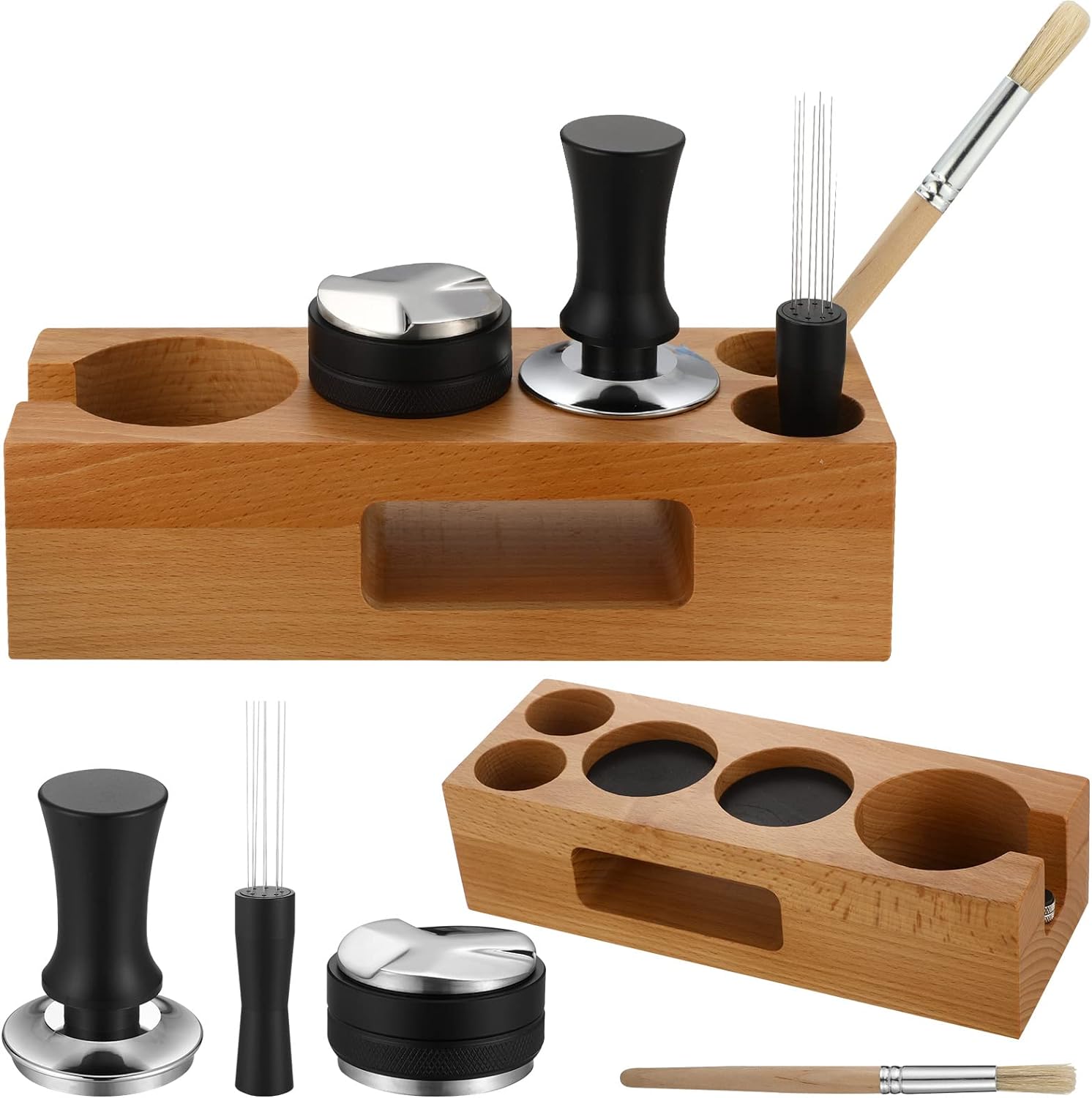 Roowest 5 Pack Espresso Accessories Kit Wooden Tamper Station Coffee Distributor Tamper Espresso Stirrer Coffee Tamping Mat with Coffee Brush, Multipurpose Espresso Tools for Bar Home Office, 58 mm