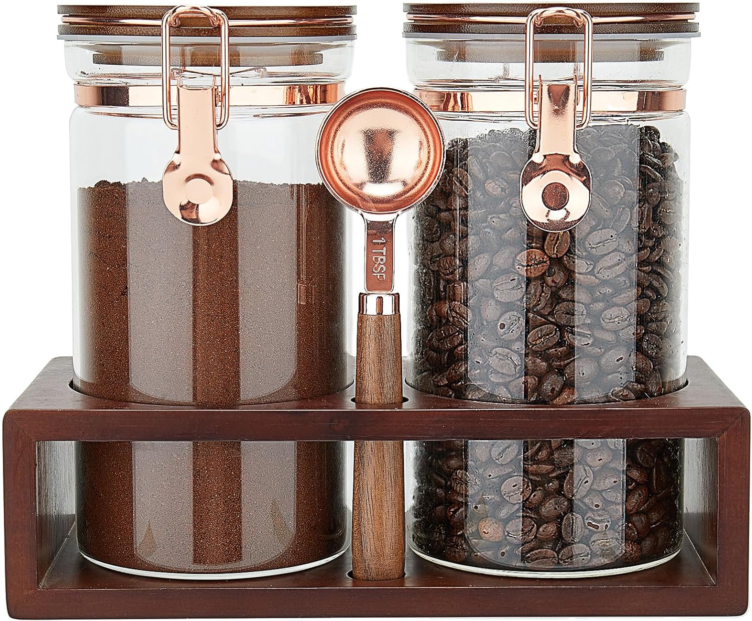 SIQOLNY Glass Coffee Container with Wooden Shelf, 2 x 40 FLOZ Coffee Bean Storage with Sealed Closure Clips and Copper Spoon, Kitchen Large Capacity Food Storage Jar, Ground Coffee Container