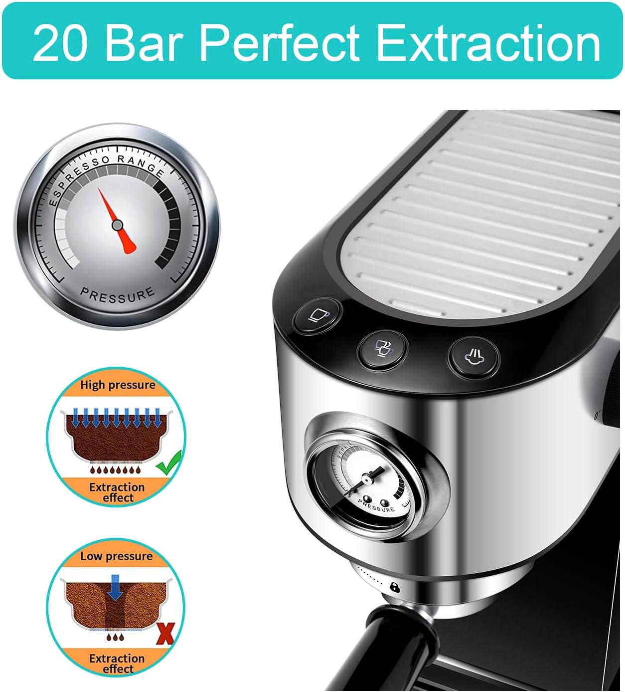 Vaundra Espresso machine 20 Bar with Milk Frother Steam Wand, Cappuccino latte Maker, Coffee Machine Easy to Use for Home Barista