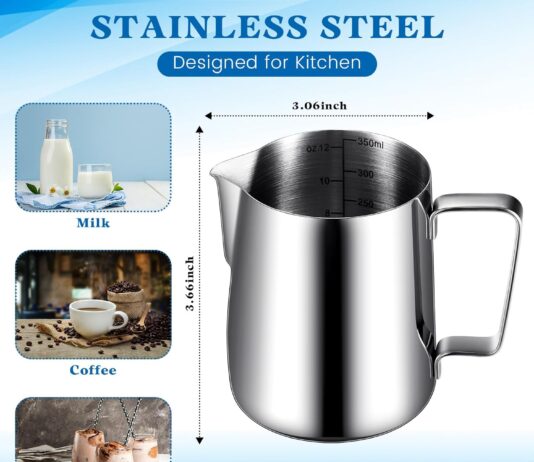 4 pcs milk frothing pitcher 12 oz espresso steaming pitcher milk frother cup with latte art pen stainless steel coffee b