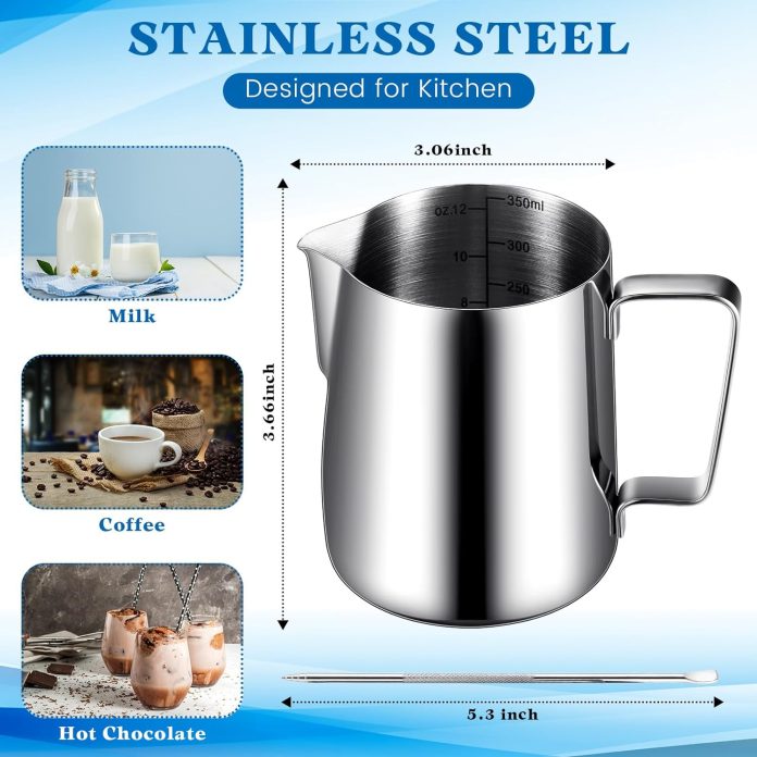 4 pcs milk frothing pitcher 12 oz espresso steaming pitcher milk frother cup with latte art pen stainless steel coffee b