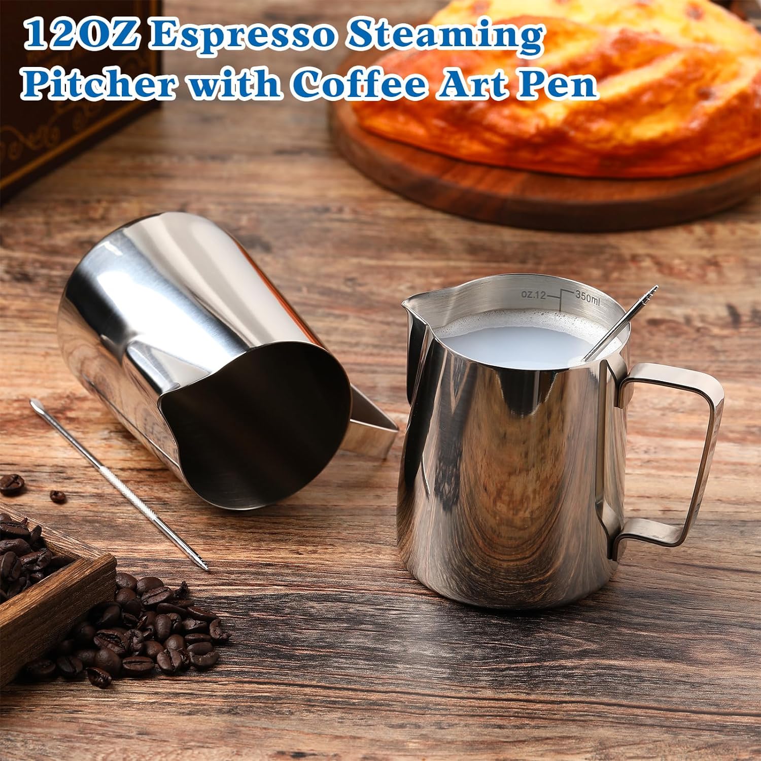4 Pcs Milk Frothing Pitcher 12 oz Espresso Steaming Pitcher Milk Frother Cup with Latte Art Pen Stainless Steel Coffee Bar Espresso Machine Accessories Cappuccino Barista Tools Milk Jug Cup