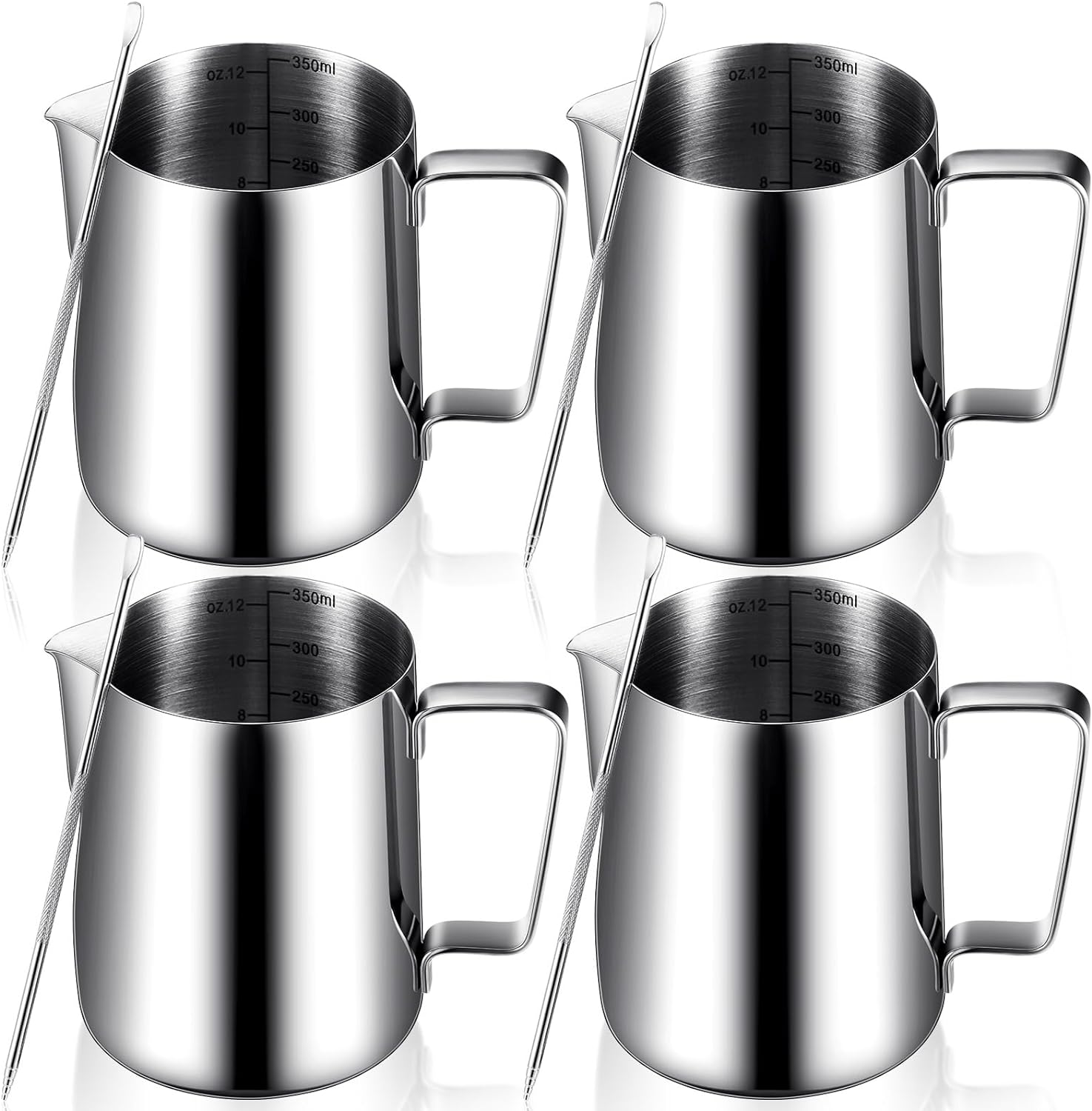 4 Pcs Milk Frothing Pitcher 12 oz Espresso Steaming Pitcher Milk Frother Cup with Latte Art Pen Stainless Steel Coffee Bar Espresso Machine Accessories Cappuccino Barista Tools Milk Jug Cup