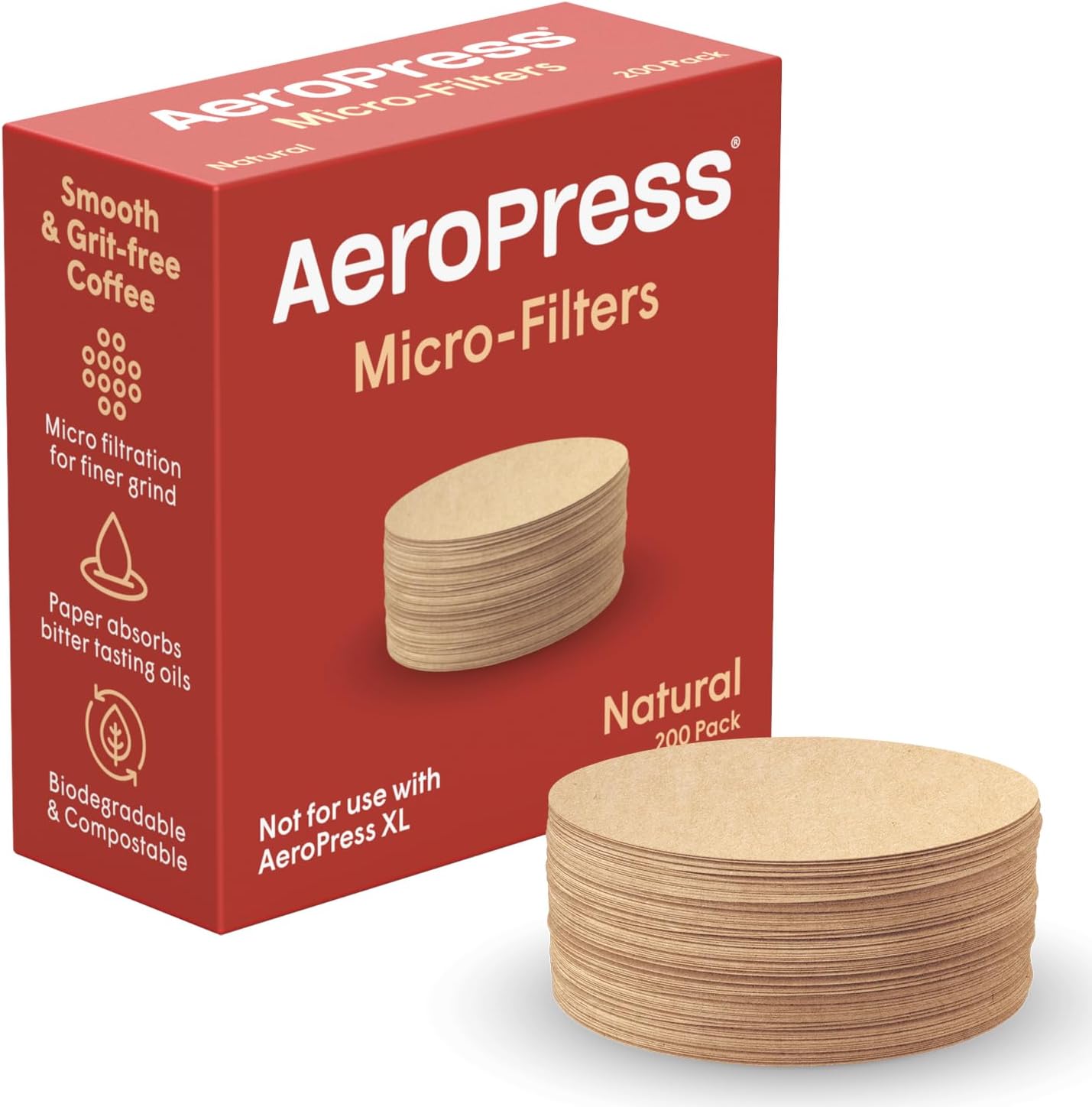 AeroPress Natural Paper Microfilters, AeroPress Coffee Filters, Unbleached Round Paper Filters for Coffee Makers, Must-Have Coffee Accessories, Standard, 1 Pack, 200 Count