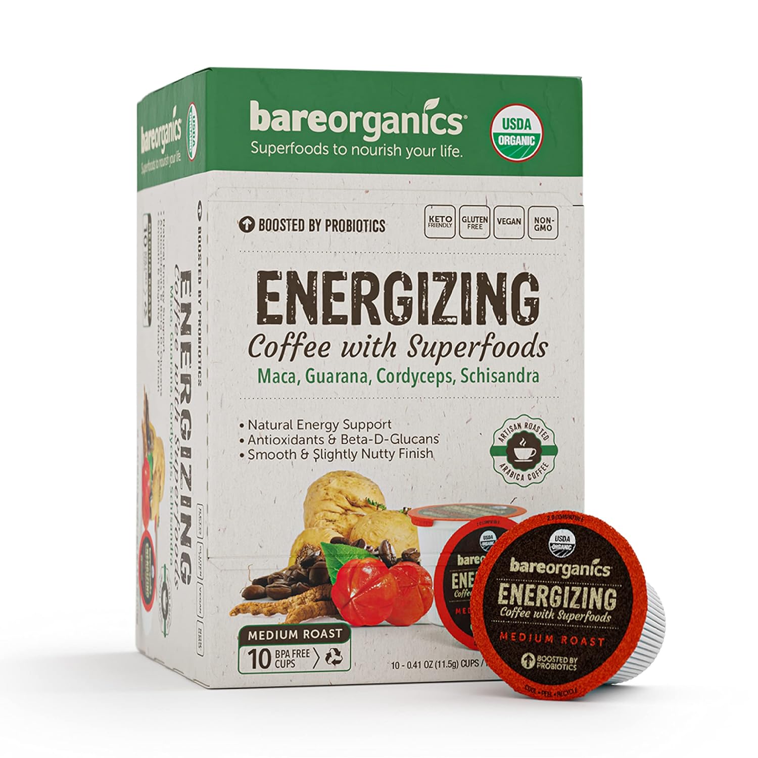 BareOrganics 13214 ENERGIZING USDA Organic Coffee Infused with Superfoods  Probiotics, Organic Coffee Pods, Keurig K-Cup Compatible Organic Coffee Pods, Vegan, Gluten Free, 10 Single Serve Cups