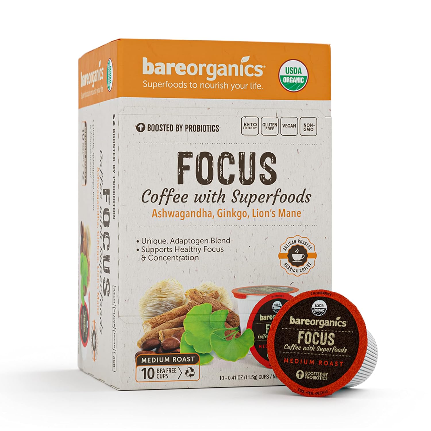BareOrganics 13214 ENERGIZING USDA Organic Coffee Infused with Superfoods  Probiotics, Organic Coffee Pods, Keurig K-Cup Compatible Organic Coffee Pods, Vegan, Gluten Free, 10 Single Serve Cups
