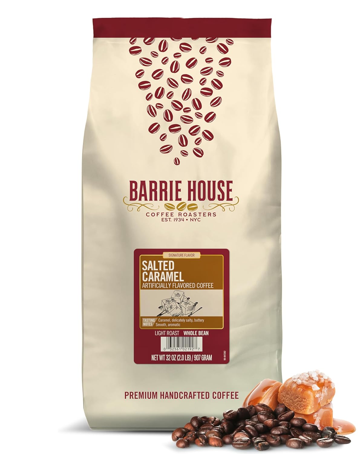 Barrie House Salted Caramel Flavored Whole Bean Coffee | Luscious and Buttery | Fair Trade Certified | 2 lb Bag | 100% Arabica Coffee Beans