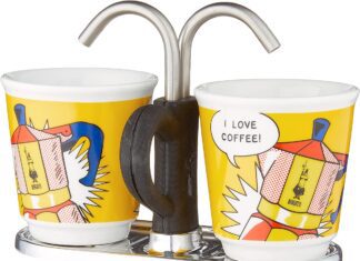 bialetti mini express lichtenstein moka set includes coffee maker 2 cup 28 oz 2 shot glasses yellow aluminium