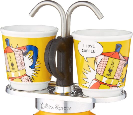 bialetti mini express lichtenstein moka set includes coffee maker 2 cup 28 oz 2 shot glasses yellow aluminium