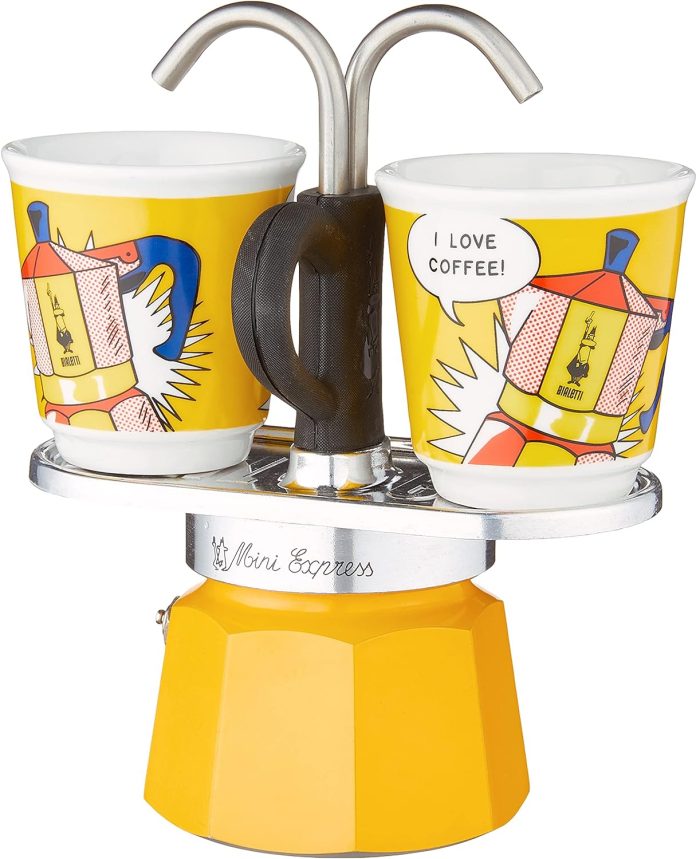 bialetti mini express lichtenstein moka set includes coffee maker 2 cup 28 oz 2 shot glasses yellow aluminium