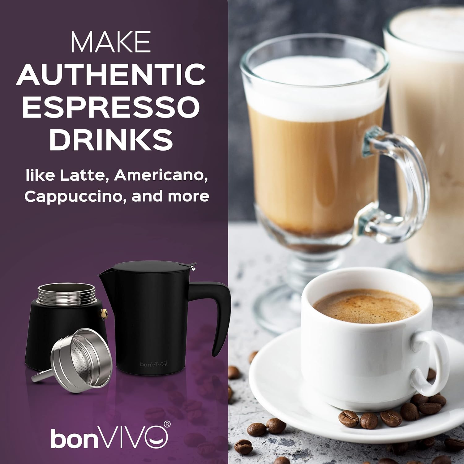 bonVIVO Intenca Stovetop Espresso Maker - Luxurious Italian Coffee Machine Maker, Stainless Steel Espresso Maker Full Bodied Coffee, Espresso Pot For 5-6 Cups, 10 oz Moka Pot Red Finish