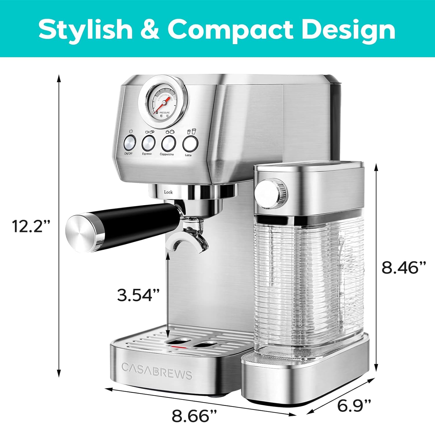 CASABREWS Espresso Machine 20 Bar, Compact Cappuccino Machine with Automatic Milk Frother, Stainless Steel Espresso Maker With 49 oz Removable Water Tank for Latte, Gift for Coffee Lover