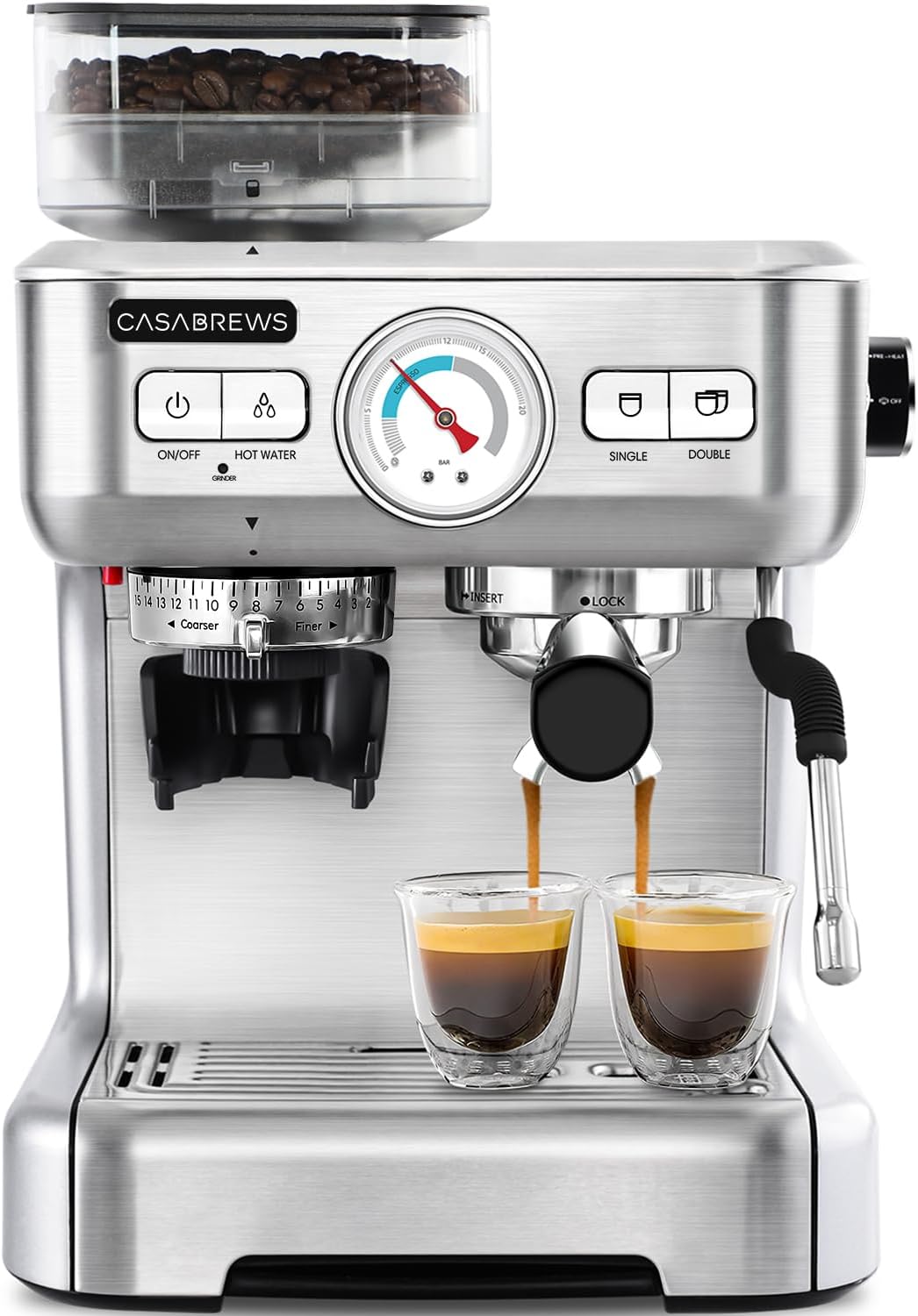 CASABREWS Espresso Machine with Grinder, 20 Bar Semi Automatic Espresso Coffee Maker with Milk Frother for Home Barista, Professional Coffee Machine for Cappuccinos or Lattes, Gift for Mom Dad