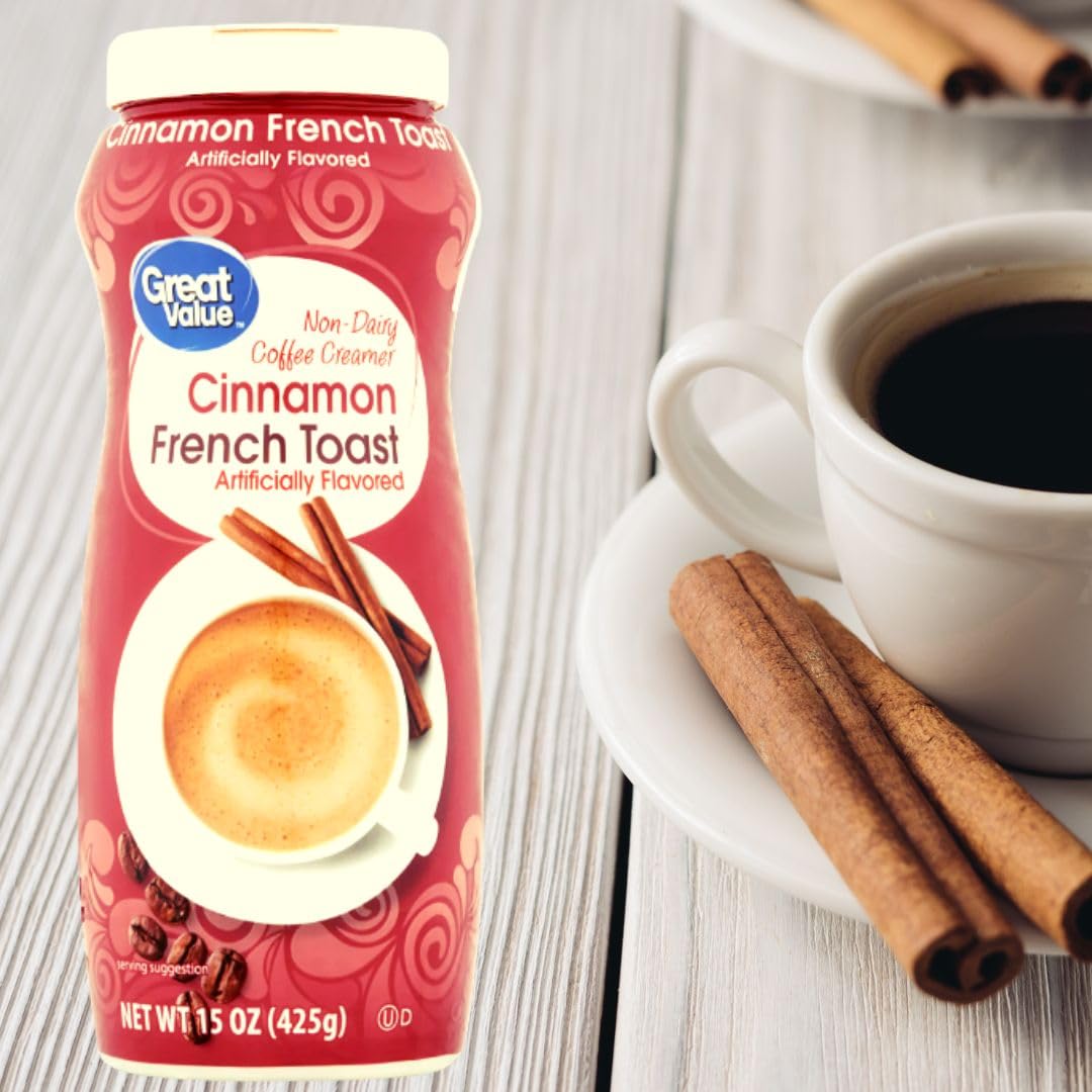 Cinnamon French Toast Coffee Creamer Bundle with One (1) Elegant eco-friendly Stainless Steel Long Handle Coffee Stirrer. 2 (15 oz) canisters of Great Value Cinnamon French Toast Non-Dairy Coffee Creamer