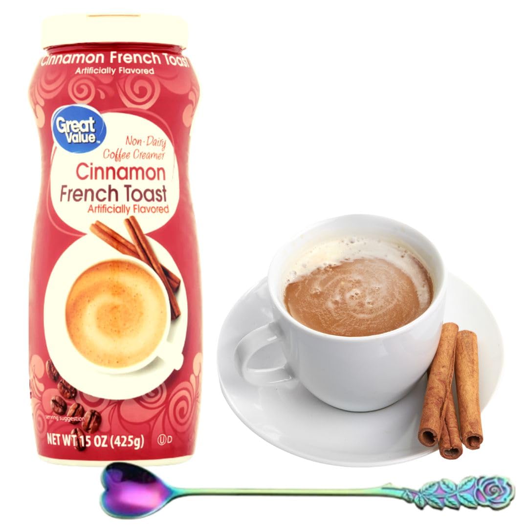 Cinnamon French Toast Coffee Creamer Bundle with One (1) Elegant eco-friendly Stainless Steel Long Handle Coffee Stirrer. 2 (15 oz) canisters of Great Value Cinnamon French Toast Non-Dairy Coffee Creamer