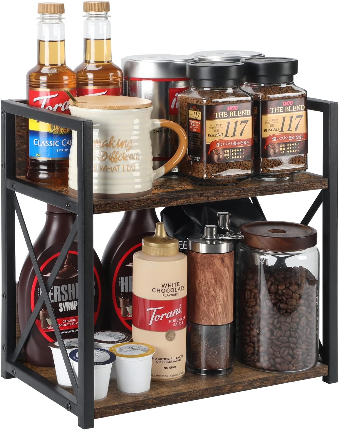 Coffee Bar Accessories Organizer, Spice Rack Organizer, Wooden Kitchen Counter Shelf, 2 Tier Coffee Organizer Station for Countertop, Coffee Condiment Rack for Mugs, Cups, Cream, Syrup (Medium)