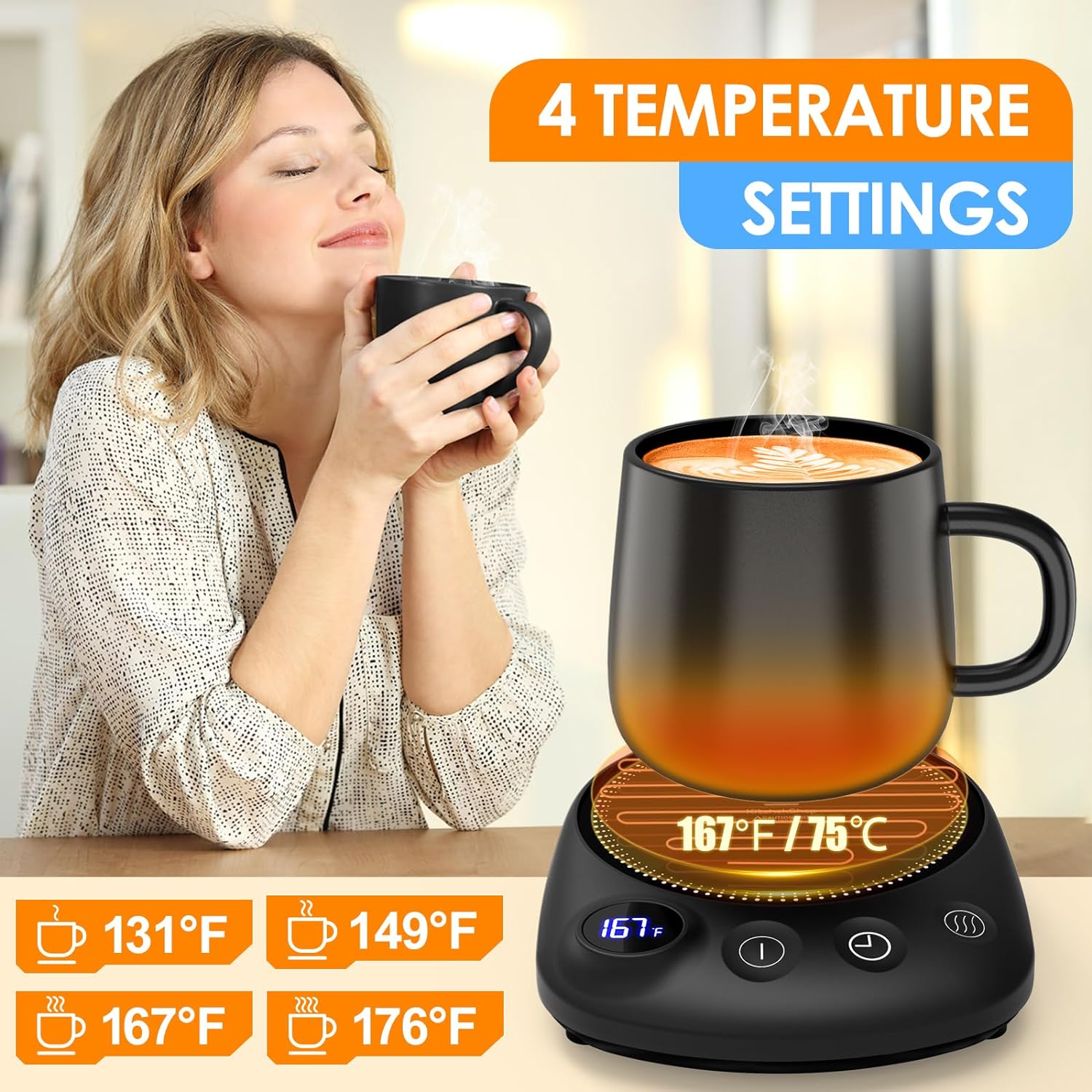 Coffee Mug Warmer - Fastest Heating  Highest Temperature, Coffee Cup Warmer for Desk Auto Shut Off, 4 Temp Settings  1-12H Timer, Smart Electric Beverage Warmer for Coffee, Tea, Water, Milk and Coco