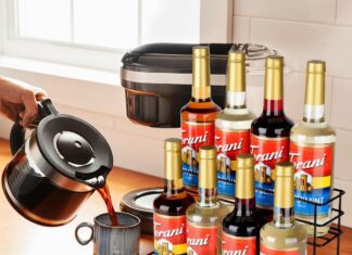 Caramel Syrup Coffee – Decadent, Buttery Sipping coffee syrup rack for coffee bar accessories fits with torani and monin syrup coffee bar organizer holds 4 bottles