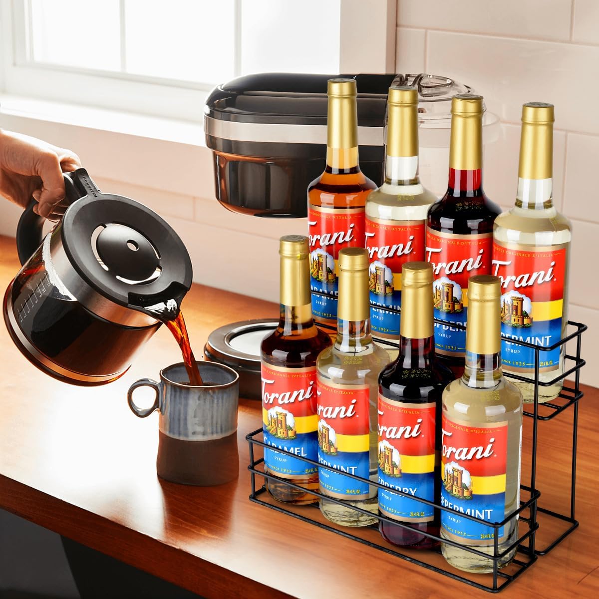 Coffee Syrup Rack for Coffee Bar Accessories, Fits with Torani and Monin Syrup, Coffee Bar Organizer Holds 4 Bottles