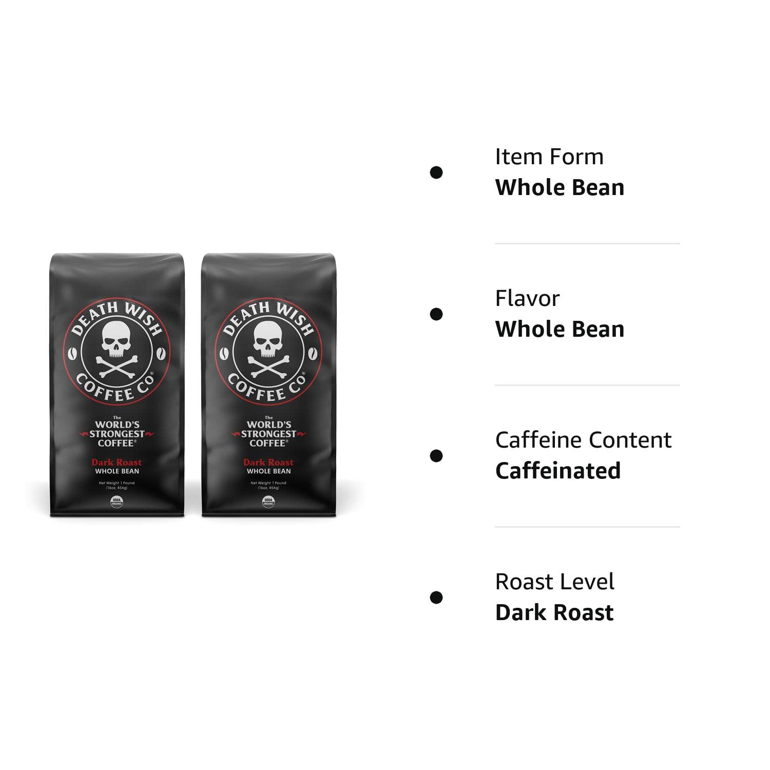 Death Wish Coffee Co., Organic and Fair Trade, Medium Roast, Whole Bean Coffee, 16 oz