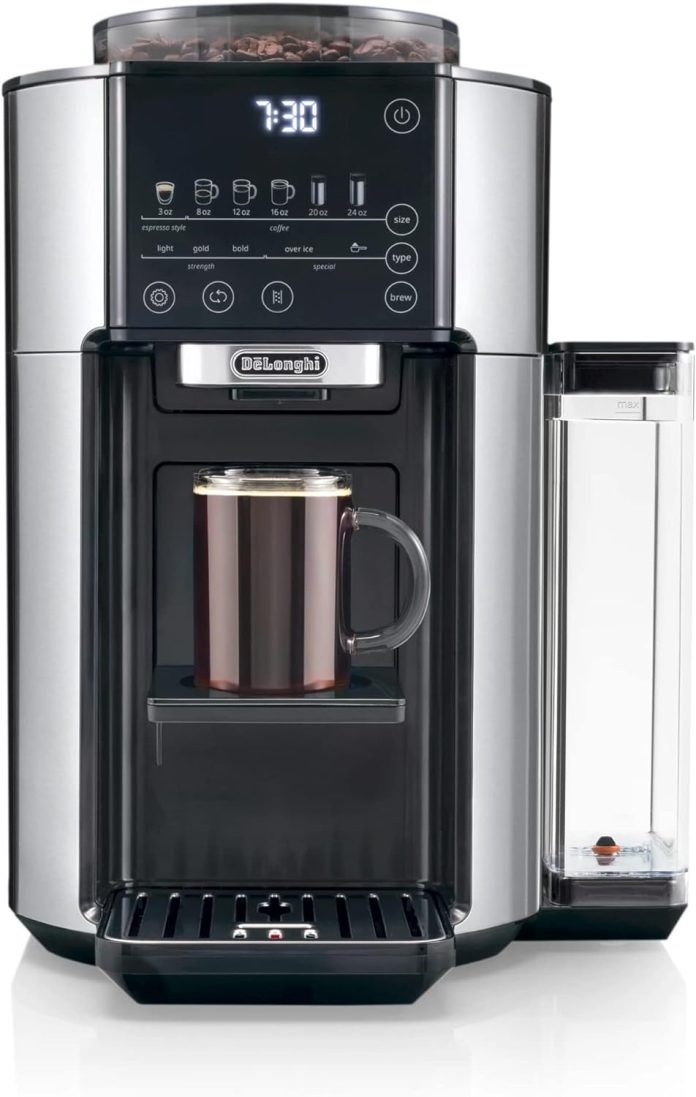 delonghi truebrew drip coffee maker built in grinder single serve 8 oz to 24 oz hot or iced coffee stainless cam51025mb