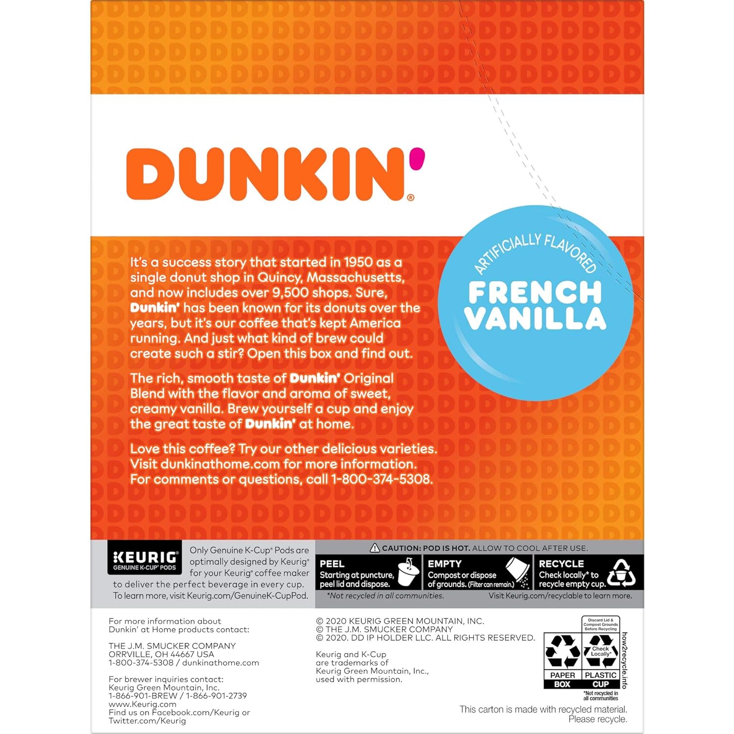 Dunkin French Vanilla Flavored Coffee, 22 Keurig K-Cup Pods