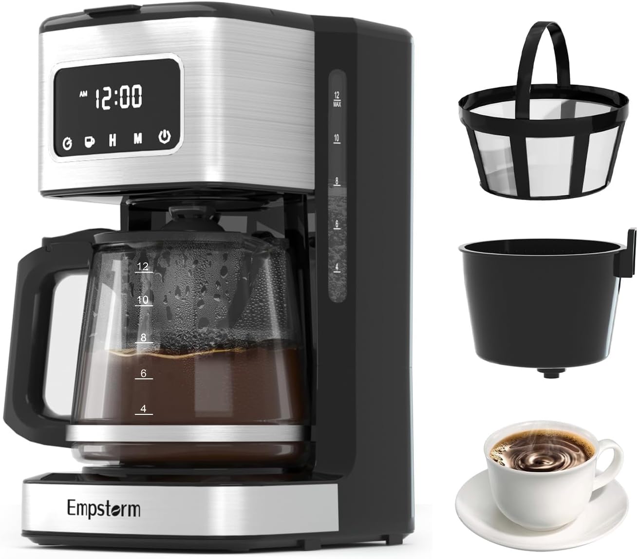 Empstorm 12 Cup Programmable Drip Coffee Maker - 1000W Fast Brew Coffee Machine with Glass Carafe, Auto Shut Off  4-Hour Keep Warm, Anti-Drip System, Strong Brew, Black with Stainless Steel Accents