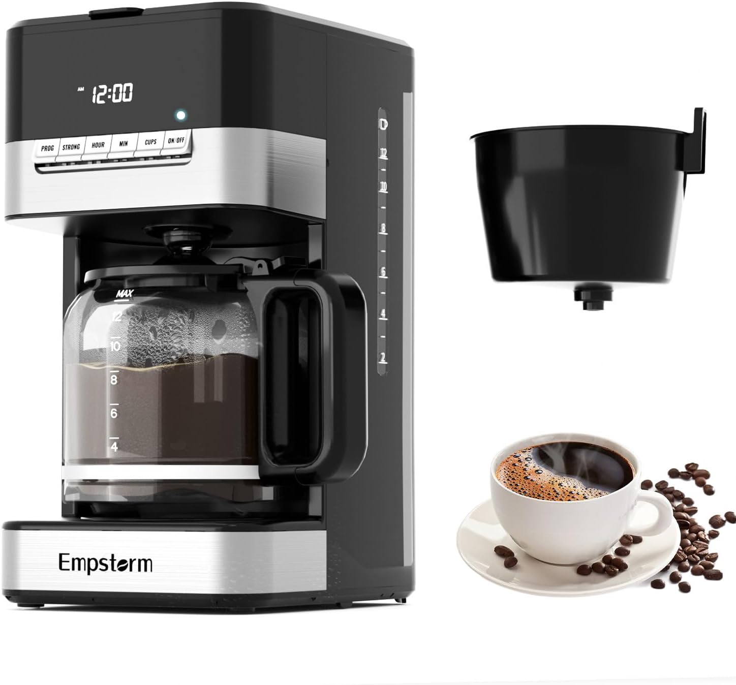Empstorm 12 Cup Programmable Drip Coffee Maker - 1000W Fast Brew Coffee Machine with Glass Carafe, Auto Shut Off  4-Hour Keep Warm, Anti-Drip System, Strong Brew, Black with Stainless Steel Accents